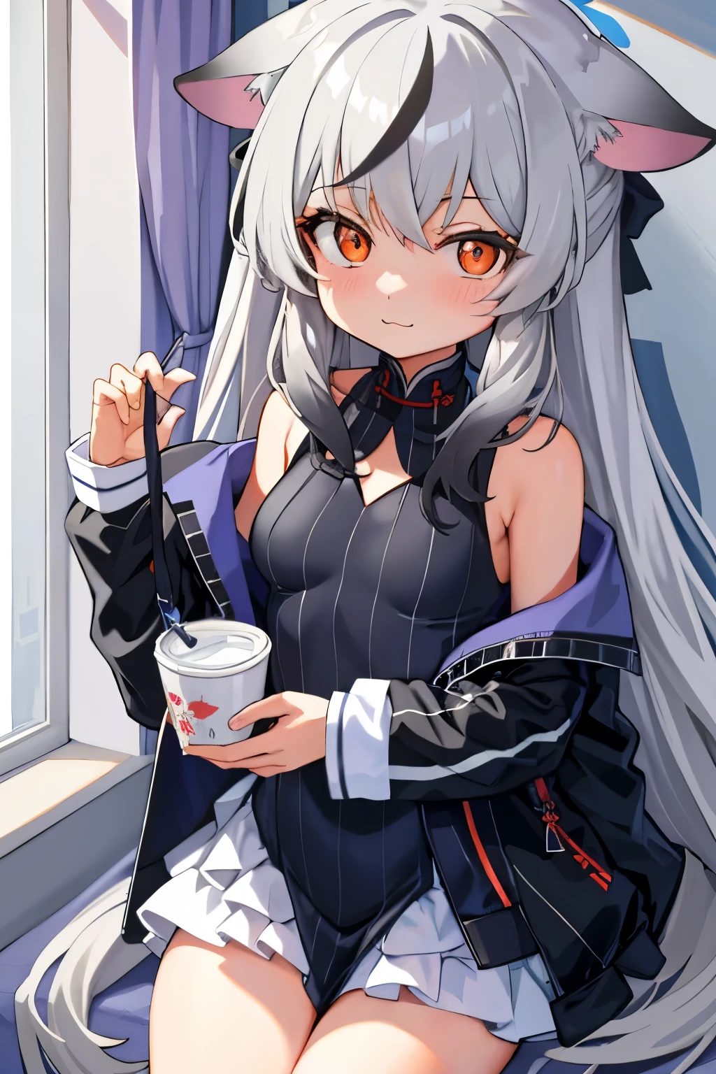 tmasterpiece， best qualtiy， ultra - detailed， 1girll，Gray hair Kokona， inside in room， Orange eye， ：3，the face,  closeup cleavage,  Winter suit, winter wonder