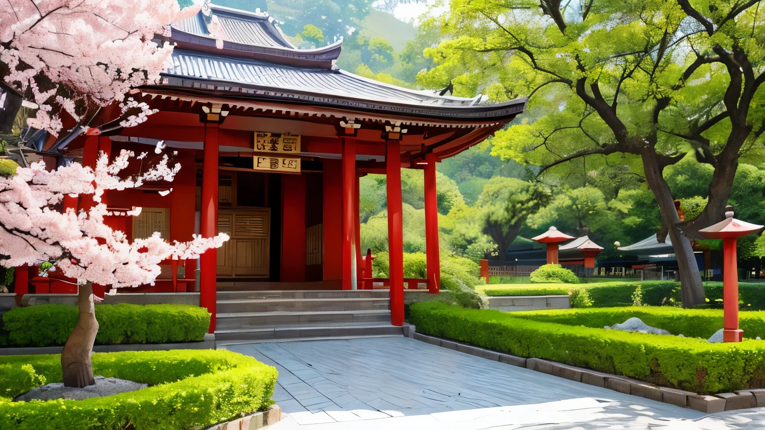 Beautiful temple scene, Image of beautiful Asian pagoda bamboo bushes in spring, spring, cherry blossoms, 16:9 ratio image,  main color is red, [[ temple goers ]], Old men and women go to temples and worship Buddha
