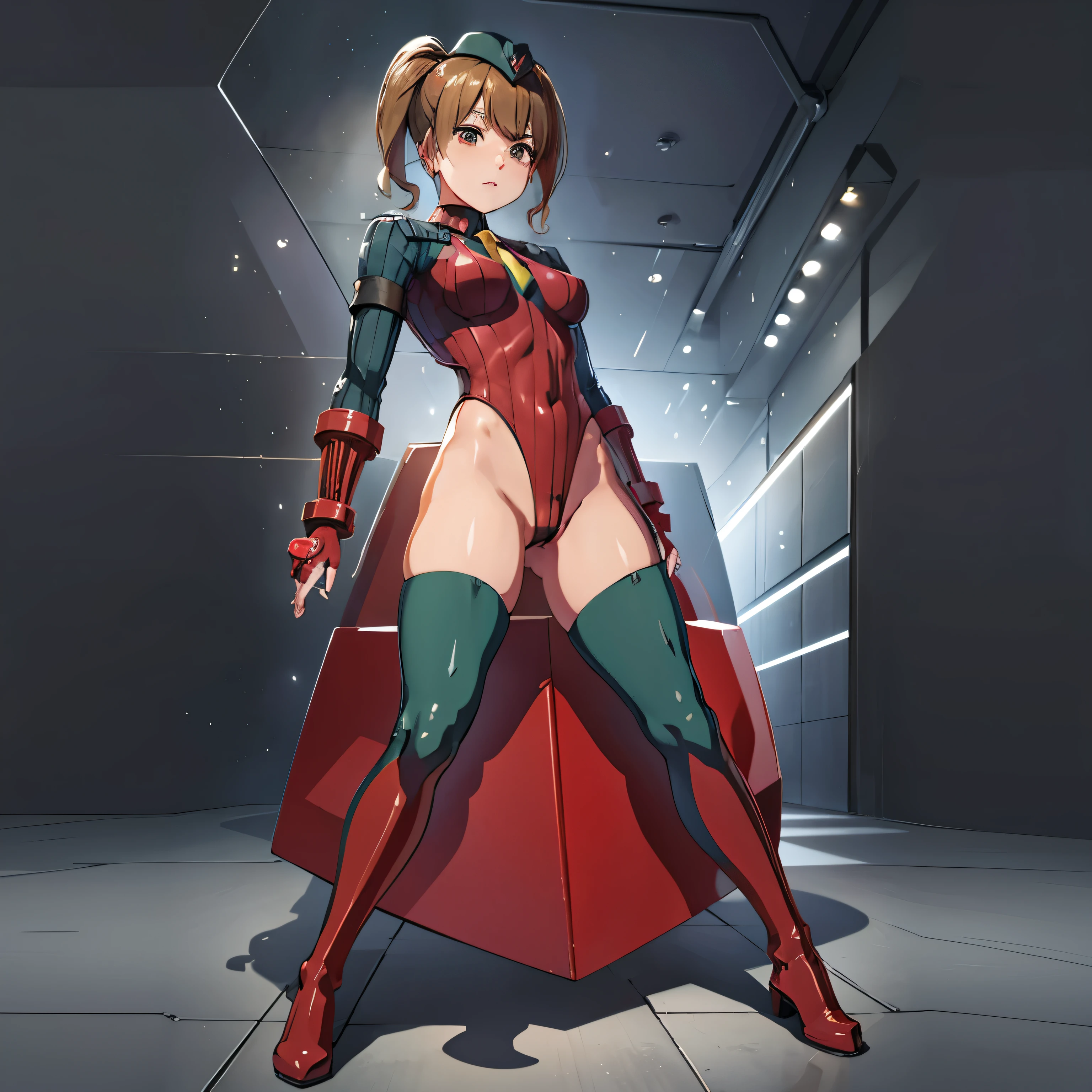 Very detailed, clear, beautiful body, Beautiful nose, Beautiful character design, perfect eyes, perfect face, very high, 4k, Beautiful legs, perfect legs, good hand, perfect hand, Masterpiece, best quality, haveรายละเอียดสูง, illustration, nonsense, perfect anatomy, street fighter, doll set, Chadaloo Doll, doll set, expressionless, look at viewer, red gloves, Emotionless, black Latex, corruption, mind control, female warrior, full body, hypnotized, ความมึนงงที่ไม่haveความสุข, full body suit, Ribbed bodysuit, Both arms are at the sides., obey, perfect woman's body, extremely glossy Latex, hypnosis, Hipnolora, empty eyes, empty eyes, mind control device, Poses, give up_Pose, slave, lie down straight, lie down, lie down at attention, have, necktie, belt, Latex, Ribbed bodysuit, thigh high, garter belt, fighting posture, soldier, thigh boots, 1 girl, hair accessories, brown hair, medium hair, brown eyes, (((Pixel Perfect, perfect detail))), alone, 1 girl, Kawasaki Sakura, An idol to be proud of, short twin