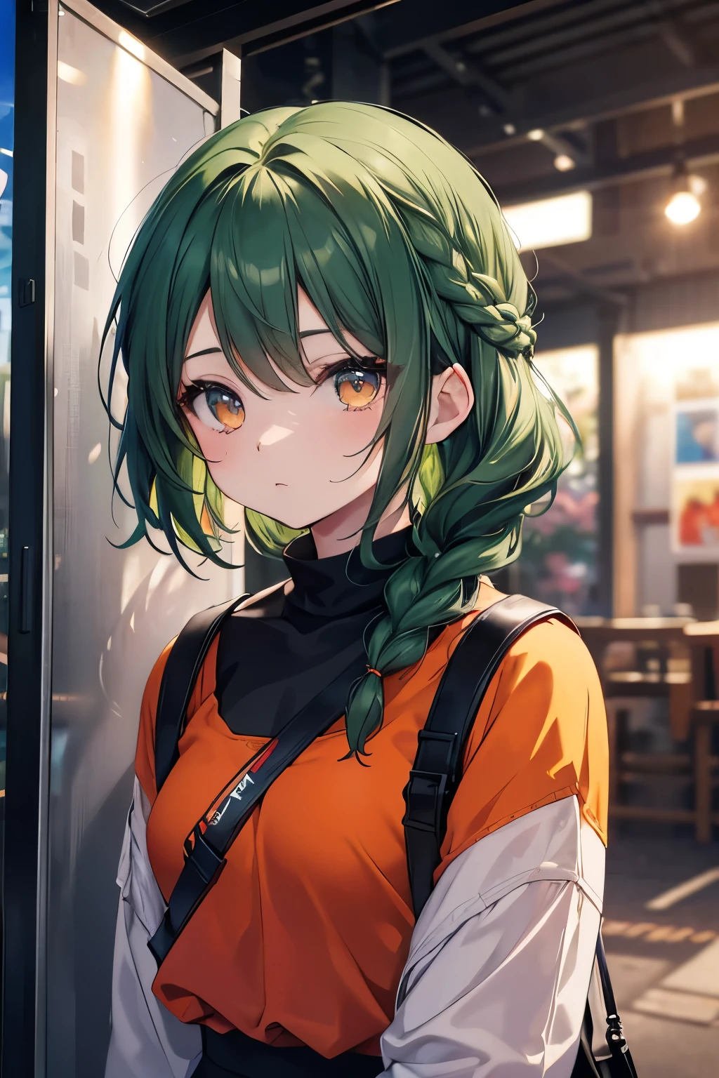 (masterpiece、highest quality)、blurred foreground,rough look,a 19 years old girl,beautiful eyes and face,Cool hairstyle, Lack of bangs on the face, Braid、Childhood expressions,Confident poses,urban background,dark green hair、dark-colored hair、orange eyes、Artistic portrait,digital painting,Super detailed,expensive,Physically based rendering,Bright colors,studio lighting,sharp focus,It's blurry,photorealista、whole body.