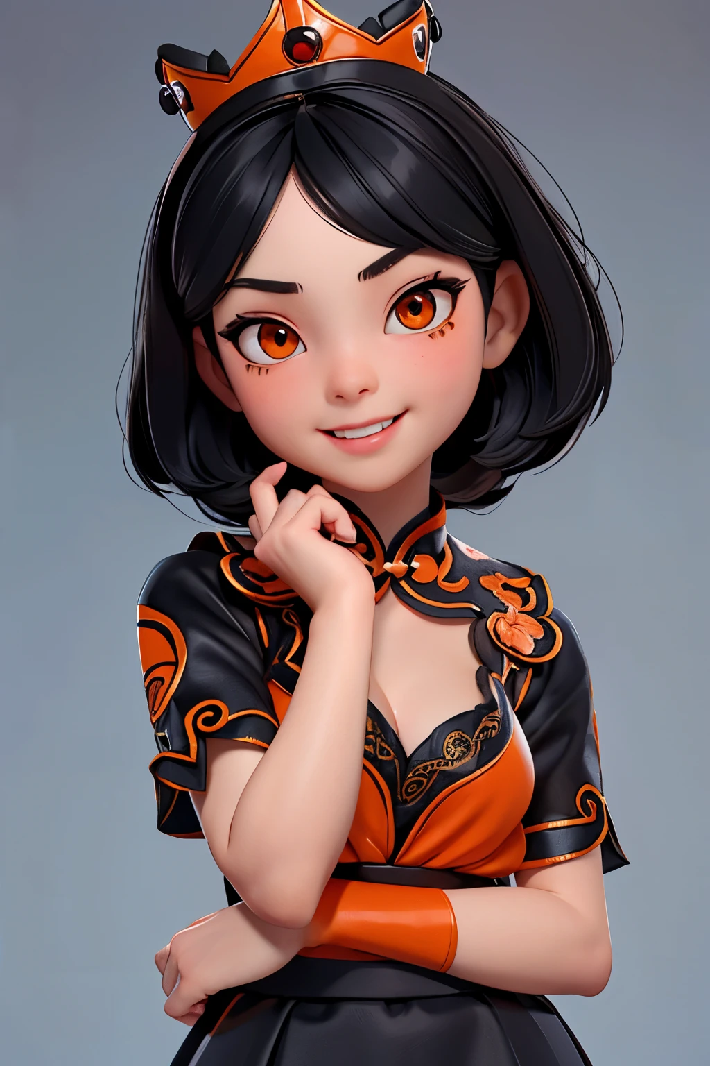 (lifelike,high resolution：1.3）， a  girl， The face shape and eyes are super delicate,black hair,red glossy lips,(beautiful face), (best quality), (Super detailed), (Extremely detailed CG unified 8k wallpaper),Orange cheongsam,A little cleavage,black skirt,orange eyes,Female dealer,crown,Smile,Tiger teeth,Height 50 cm