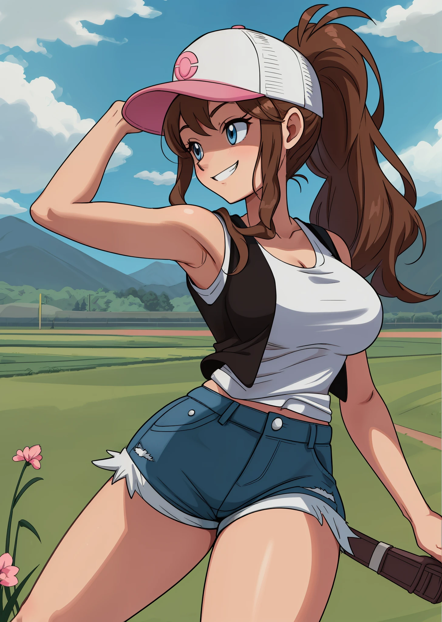 [Hilda], [Pokemon], ((masterpiece)), ((HD)), ((high res)), ((solo portrait)), ((waist-up)), ((front view)), ((detailed shading)), ((soft textures)), ((intricate details)), ((anime girl)), ((cinematic)), {attractive; (brown hair), (long ponytail), (cute blue eyes), (curvy hips), (beautiful legs), (cute grin)}, {(white tank top), (black sleeveless vest), (short denim shorts), (exposed pockets), (white baseball cap with pink brim), (pink satchel)}, {(standing), (hand on head), (looking ahead), (looking away)}, [background; (grass plains), (sun rays), (blue sky), (clouds in sky), (ambient lighting)]