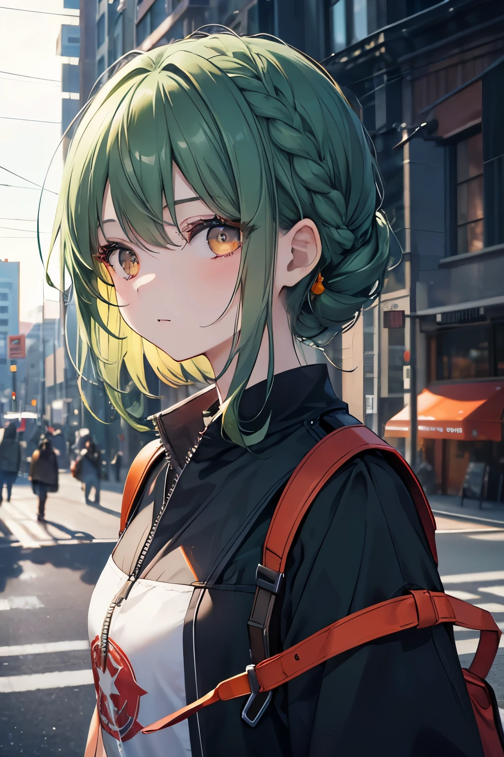 (masterpiece、highest quality)、blurred foreground,rough look,a 19 years old girl,beautiful eyes and face,Cool hairstyle, Lack of bangs on the face, Braid、Childhood expressions,Confident poses,urban background,dark green hair、dark-colored hair、orange eyes、Artistic portrait,digital painting,Super detailed,expensive,Physically based rendering,Bright colors,studio lighting,sharp focus,It&#39;s blurry,photorealista、whole body.