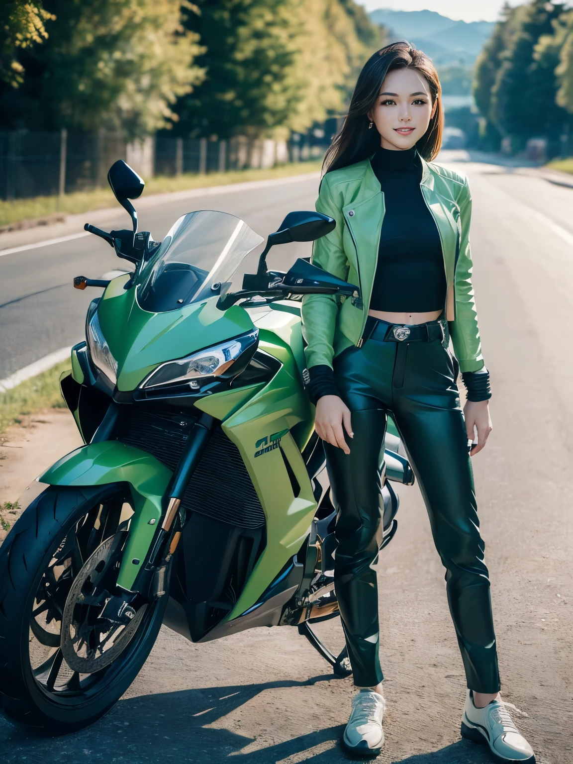 ((highest quality, 8K, masterpiece: 1.3)), sharp: 1.2, perfect body beauty: 1.4,(((Woman on motorcycle))),slender body,((Light green long sleeve motorcycle jacket and black long pants)),Highly detailed face and skin texture,((full body shot)),Natural light,smile