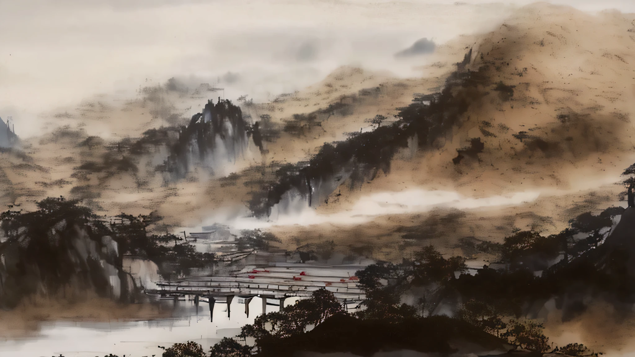 Lake Alafed and the mountain with the bridge々View of, chinse landscape, chinese ink painting, chinese painting style, traditional chinese ink painting, chinese style painting, by Song Xu, landscape artwork, ink wash painting, chinese watercolor style, white fog pictures, intricate ink painting, by Xu Xi, ink painting ) ) ) ), in a serene landscape
