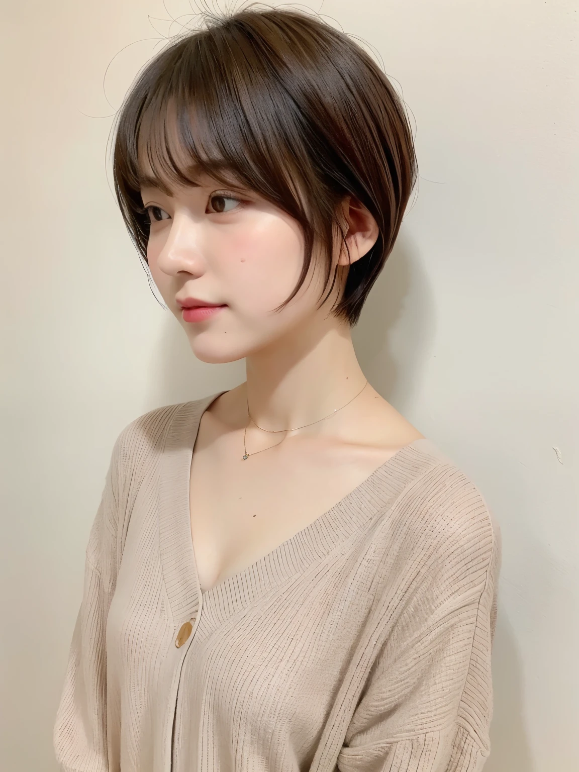 ((highest quality, 8K, masterpiece :1.3)), 1 girl, (medium short hair :1.2),Taken in front of a white wall、Shot in natural light、pastel cardigan :1.1, Angle from above、super detailed face, fine eyes,(Highly realistic photos, High resolution, detailed face, fine eyes)、japanese woman, 35 years old, Variety of facial expressions, alone:1, slim figure, different hairstyles, casual clothes, Alone in a photo、long sleeve dress、Shot in natural light、simple necklace、Spring clothes、Don't look at the camera、profile、Dark brown hair color