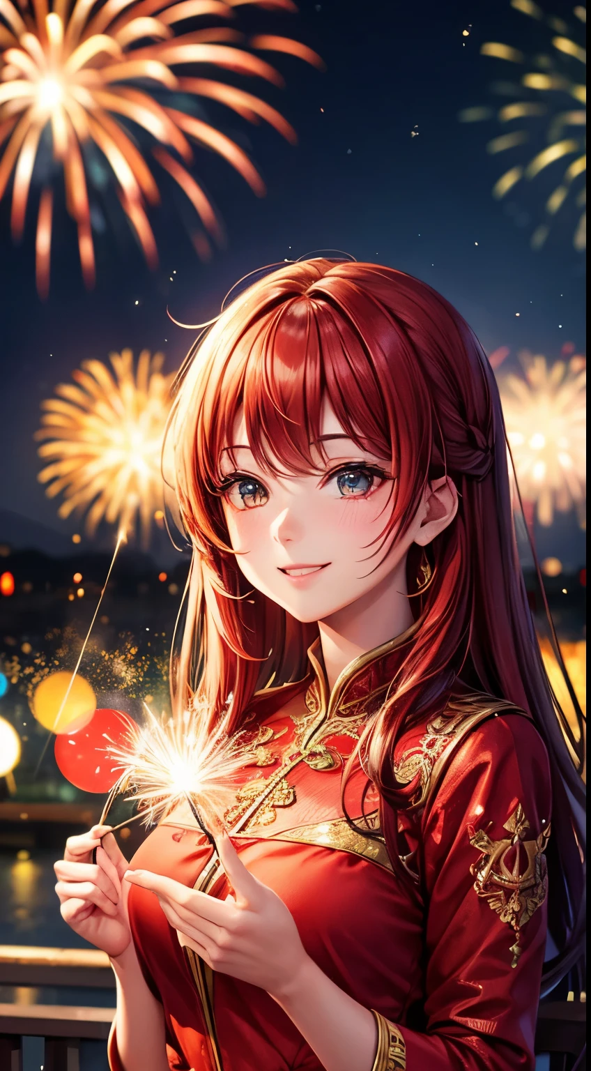 Full HD, Super details, high quality, Loved it, Bokeh, Miss, 30 years, king of stoke, red midi dress, cosmetic, night, fireworks lights, Smile, lens flare