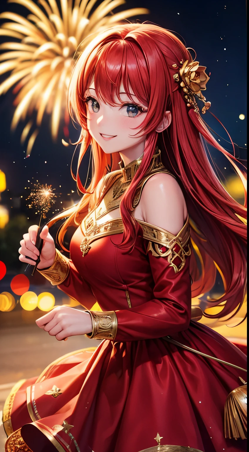 Full HD, Super details, high quality, Loved it, Bokeh, Miss, 30 years, king of stoke, red midi dress, cosmetic, night, fireworks lights, Smile, lens flare