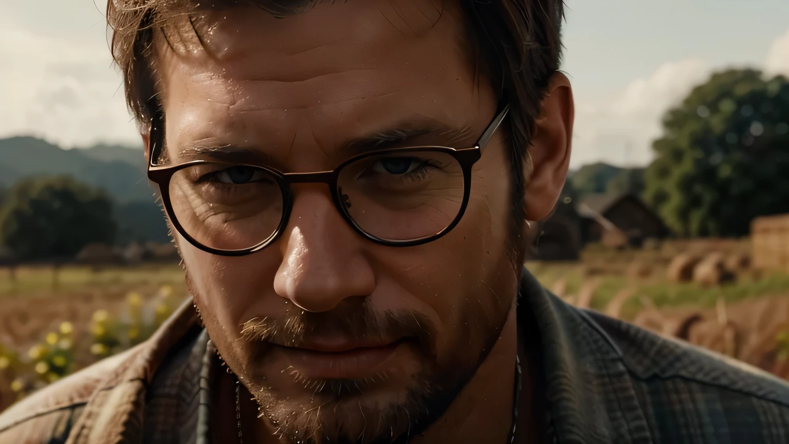 Qualidade excelente, Hiper-realista, close-up de um homem do interior rico, com cabelo curto, muito feliz, he is wearing clean clothes, He's wearing glasses, He's looking forward, the background image is a blurred field, cinematographic, 8k