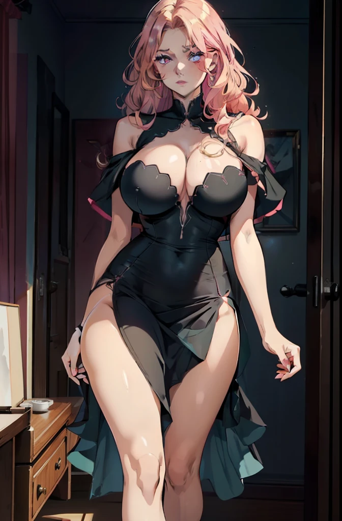 (best quality,Tall,masterpiece:1.2),1Woman,Curvaceous,huge breasts,wide back,angry,lush curly blonde hair, vibrant pink eyes, pink lips, tight short black dress with wide neckline, provocative and mature behavior, in bedroom, full body