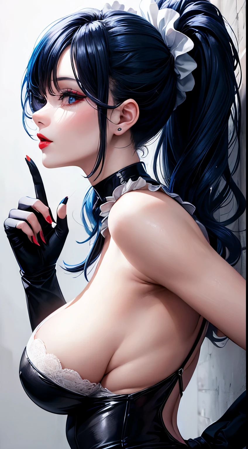 Woman, 30 years, adult, gradient blue hair, sexy maid black white clothes, nigth, soft ligth, red lips, face detail, from side, fingers --style realistic-imagine -