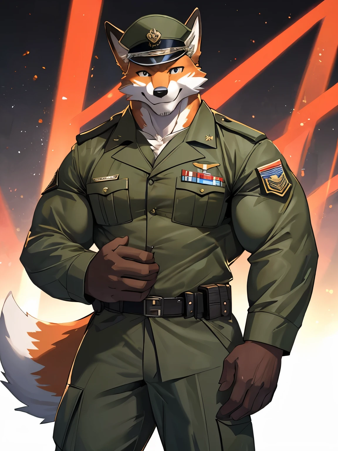 Fox, good looking, male, anthro, military uniform, military pose, ultradetailed, smiling, muscular, solo, bareness, rippling muscles, muscles, serious, looking at viewer, base background,