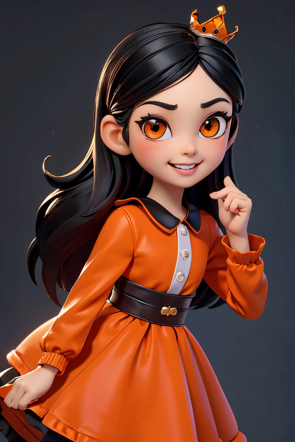 (lifelike,high resolution：1.3）， a 4 year old toddler， The face shape and eyes are super delicate,black hair,red glossy lips,(beautiful face), (best quality), (Super detailed), (Extremely detailed CG unified 8k wallpaper),orange clothes,black skirt,orange eyes,Female dealer,crown,Smile,Tiger teeth,cute,Big head,big eyes,Small body