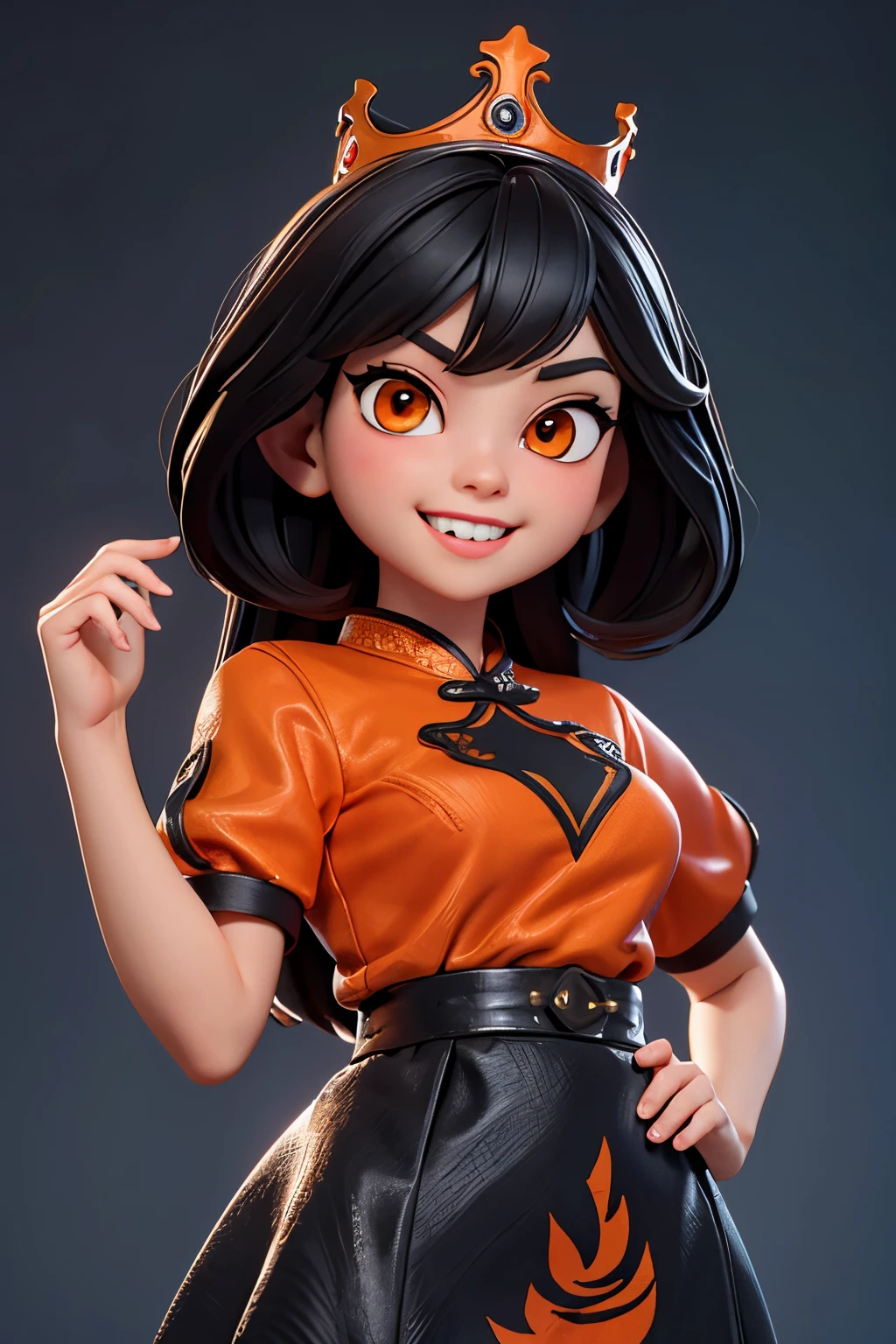 (lifelike,high resolution：1.3）， a 4 year old toddler， The face shape and eyes are super delicate,black hair,red glossy lips,(beautiful face), (best quality), (Super detailed), (Extremely detailed CG unified 8k wallpaper),Orange cheongsam,black skirt,orange eyes,Female dealer,crown,Smile,Tiger teeth,cute,Big head,big eyes