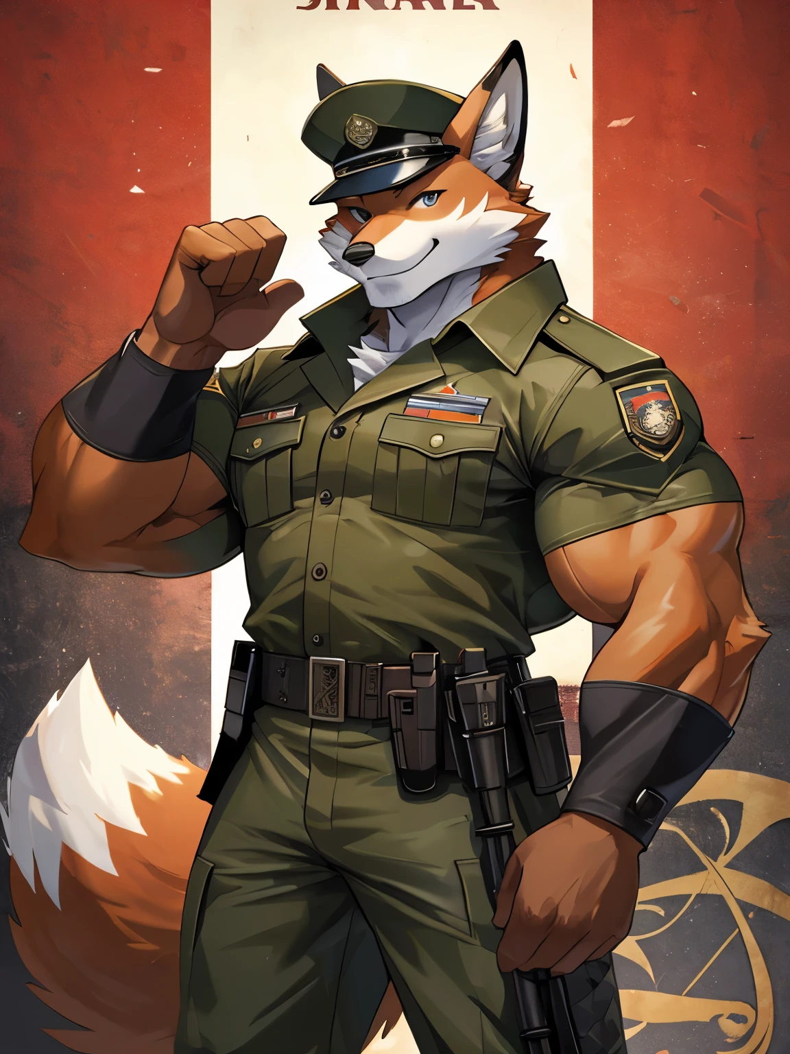 Fox, good looking, male, anthro, military uniform, military pose, ultradetailed, smiling, muscular, solo, bareness, rippling muscles, muscles, serious, looking at viewer, radical background, poster-like