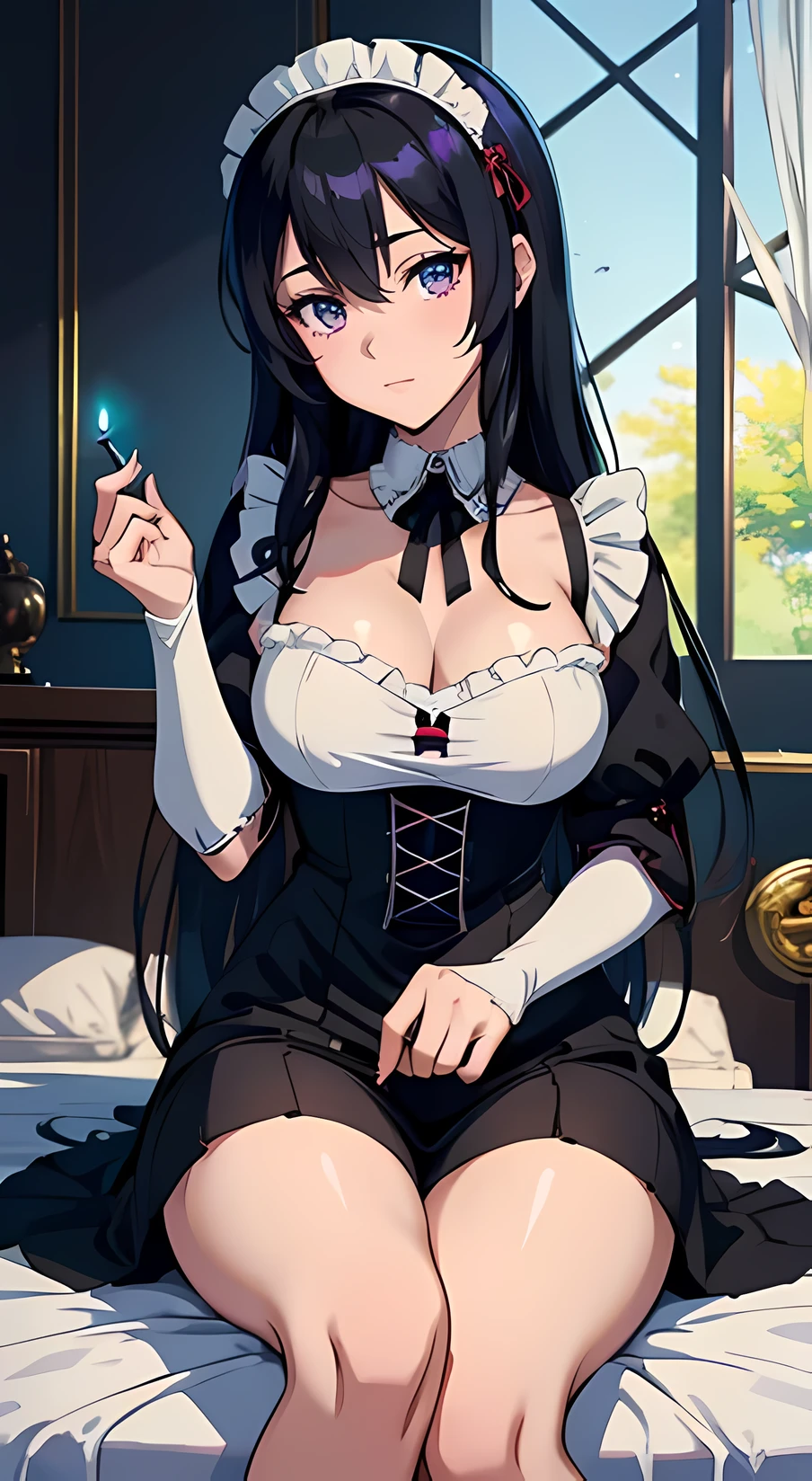 anime girl with a candle in her hand sitting on a bed, black - haired mage, anime girl in a maid costume, seductive anime girl, a sexy maid in a magical forest, gorgeous maid, albedo from overlord, gothic maiden anime girl, [ 4 k digital art ]!!, top rated on pixiv, flirty anime witch casting magic, anime goddess