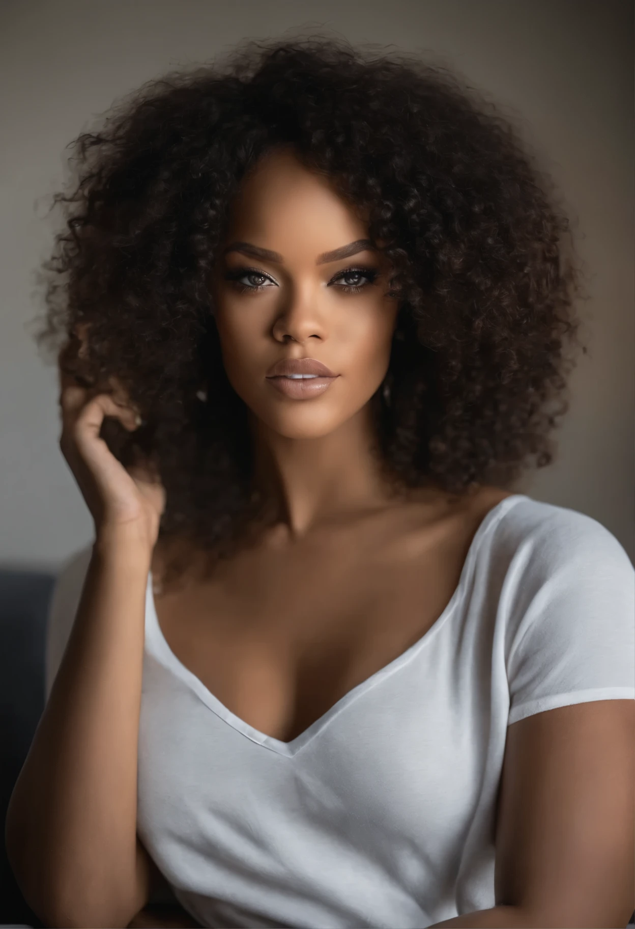 femme afro américaine pleinement , fille sexy aux yeux bruns, ultra réaliste, minutieusement détaillé, Portrait de rihanna et megan good, cheveux bruns et grands yeux, selfie d&#39;une jeune femme, Les yeux de Dubaï, Violette Myers, sans maquillage, Maquillage naturel, regarder directement la caméra, visage avec artgram, maquillage subtil, superbe corps , regade de face, buste de taille moyenne à grande ,gros seins