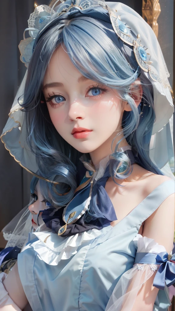 One wearing a veil and turban,woman wearing ta dress,Upper body, 8k high quality detailed art, kawaii realistic portrait, Soft portrait shots 8K, Detailed portrait of the girl, Stunning facial portraits,Detailed beautiful face, Beautiful girl portrait,sky blue hair,semi long hair,blue eyes