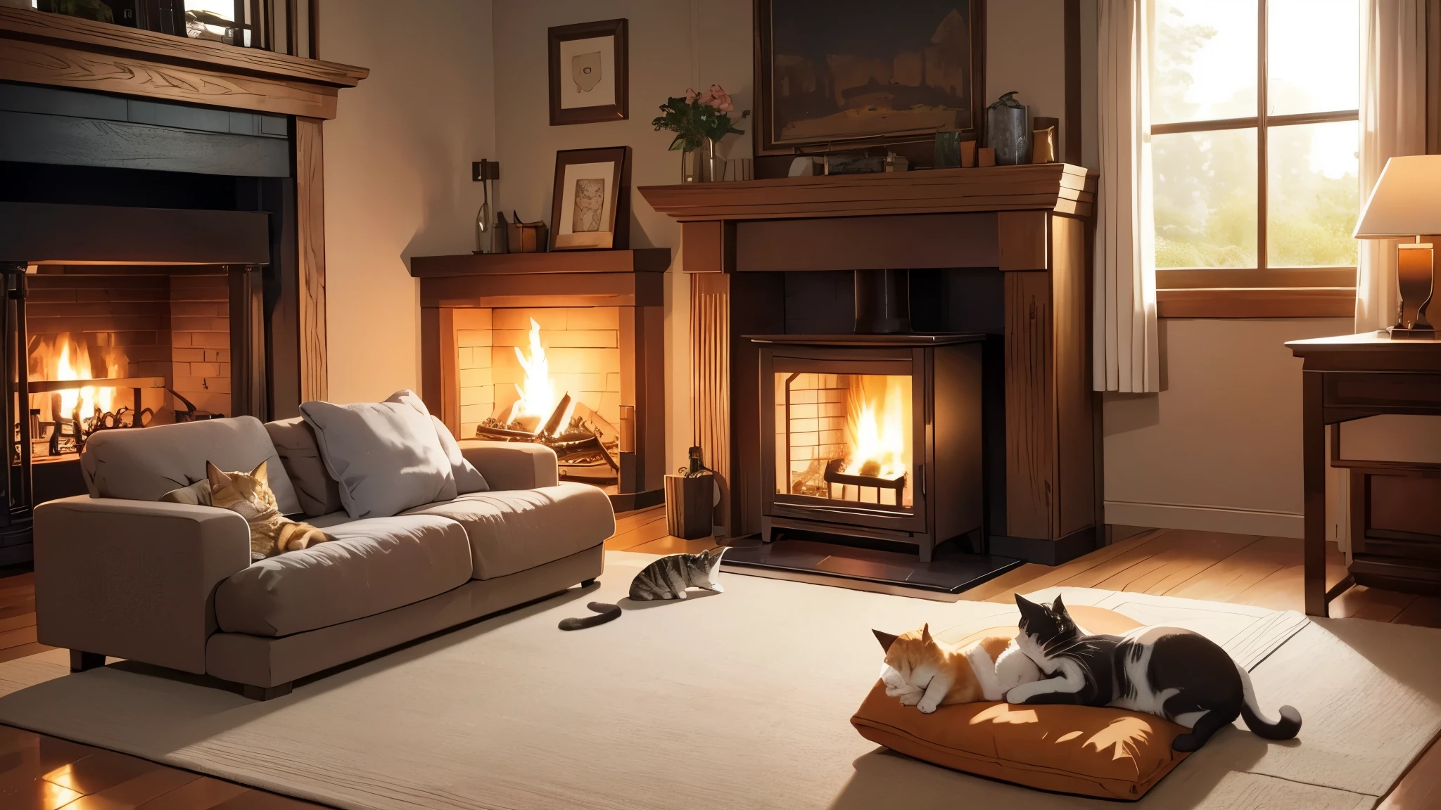 「A warm and cozy room with a large fireplace。」「A kitten and a parent cat are sleeping together in front of the fireplace.」cushions and rugs Fluffy
