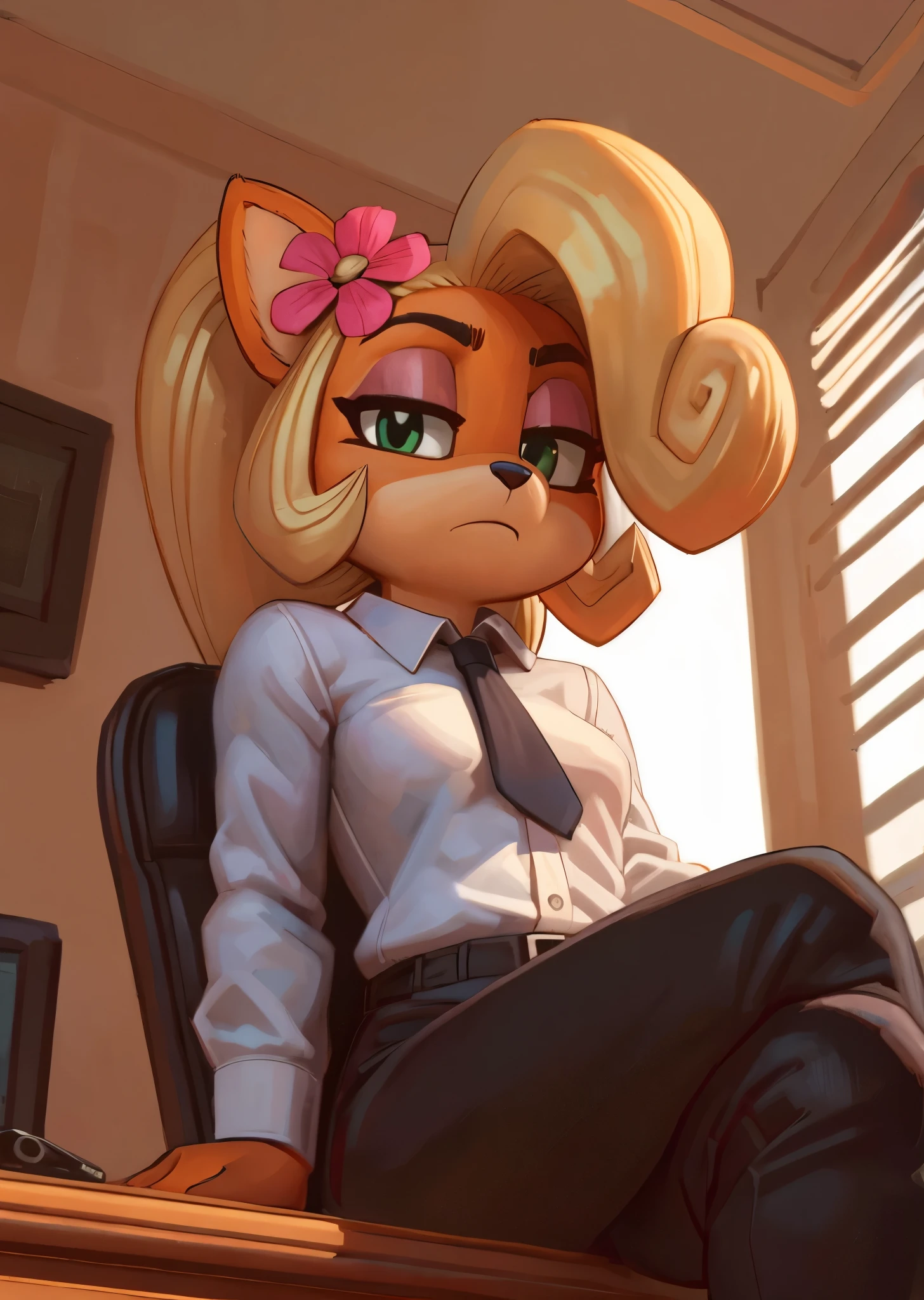 [Coco bandicoot], [Uploaded to e621.net; (Pixelsketcher), (wamudraws)}, ((masterpiece)), ((HD)), ((high res)), ((solo portrait)), ((full body)), ((front view)), ((lower-angle view)), ((feet visible)), ((furry; anthro)), ((detailed fur)), ((detailed shading)), ((beautiful render art)), ((intricate details)), {anthro; orange fur, black nose, (cute green eyes), (glistening highlights in eyes), (half-closed eyes), (short eyelashes), (pink eyeshadow), blonde curly hair, curly ponytail, (curvy hips), (beautiful legs), (cute frown), (annoyed expression)}, {(white button-up shirt). (black neck tie), (tight black pants), (black heels), (pink flower in hair)}, {(sitting on chair), (crossed legs), (holding glasses on face), (looking at viewer)}, [background; (office), (computer on desk), (blinds on window), (blue sky), (sun rays), (ambient lighting)]