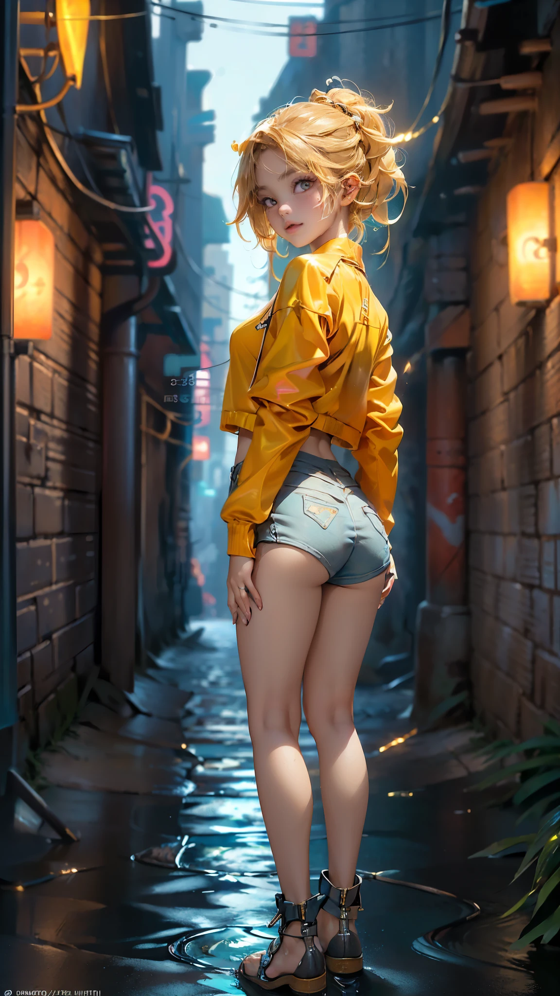 Seductive psychedelic horror, Body horror, Real breasts, ((Transparent bikini)), ((Yellow thong)), orange long hair, Huge green eyes, Surreal Sex, LSD trip, Sensual, Psychedelic, sits on knees, sideways, Looks to the side, ((blue jacket)), Colorful, Glowing,