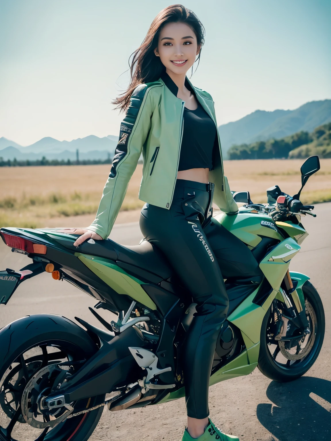 ((highest quality, 8K, masterpiece: 1.3)), sharp: 1.2, perfect body beauty: 1.4,(((Woman on motorcycle))),slender body,((Light green long sleeve motorcycle jacket and black long pants)),Highly detailed face and skin texture,((full body shot)),Natural light,smile