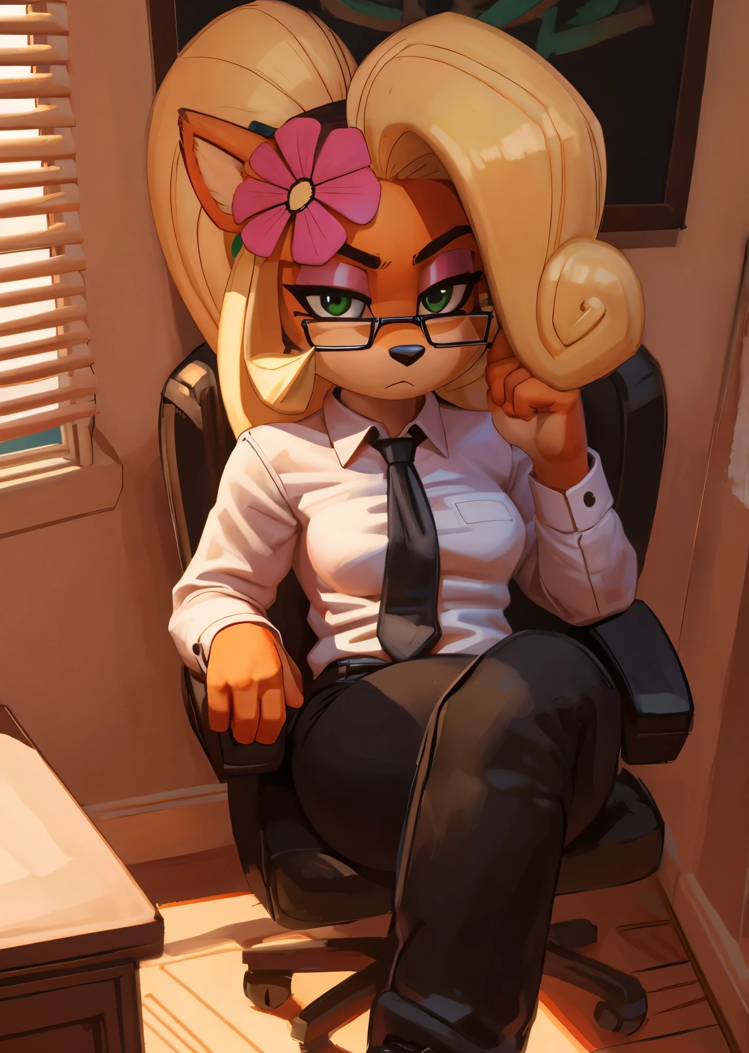 [Coco bandicoot], [Uploaded to e621.net; (Pixelsketcher), (wamudraws)}, ((masterpiece)), ((HD)), ((high res)), ((solo portrait)), ((full body)), ((front view)), ((lower-angle view)), ((furry; anthro)), ((detailed fur)), ((detailed shading)), ((beautiful render art)), ((intricate details)), {anthro; orange fur, black nose, (cute green eyes), (half-closed eyes), (short eyelashes), (pink eyeshadow), blonde curly hair, curly ponytail, (curvy hips), (beautiful legs), (cute frown), (annoyed expression)}, {(black blazer), (white button-up shirt). (black neck tie), (tight black pants), (black heels), (black glasses), (pink flower in hair)}, {(sitting on chair), (crossed legs), (holding glasses on face), (looking at viewer)}, [background; (office), (computer on desk), (blinds on window), (blue sky), (sun rays), (ambient lighting)]