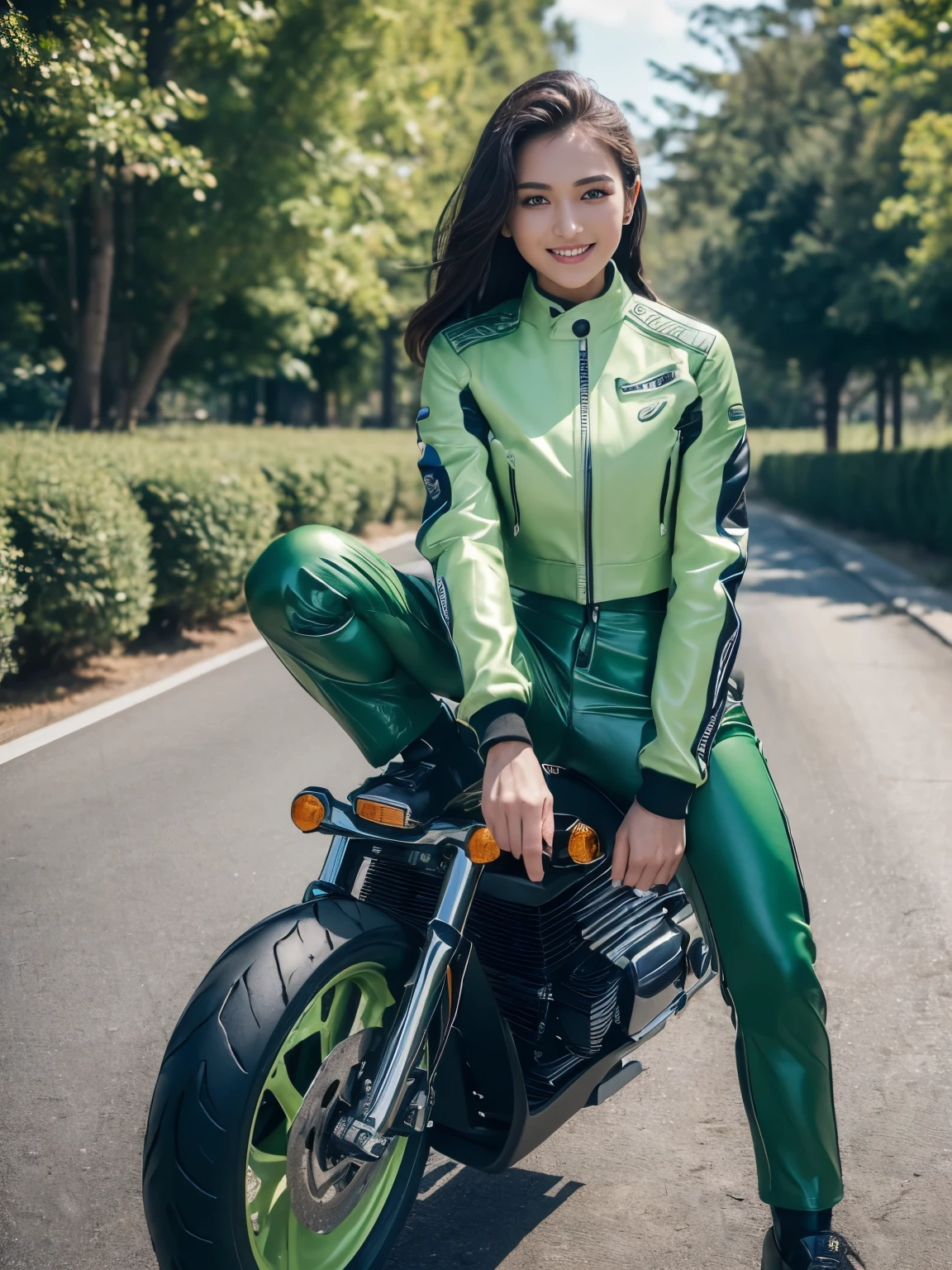 ((highest quality, 8K, masterpiece: 1.3)), sharp: 1.2, perfect body beauty: 1.4,(((Woman straddling a motorcycle))),slender body,((Light green long sleeve motorcycle jacket and black long pants)),Highly detailed face and skin texture,((full body shot)),Natural light,smile