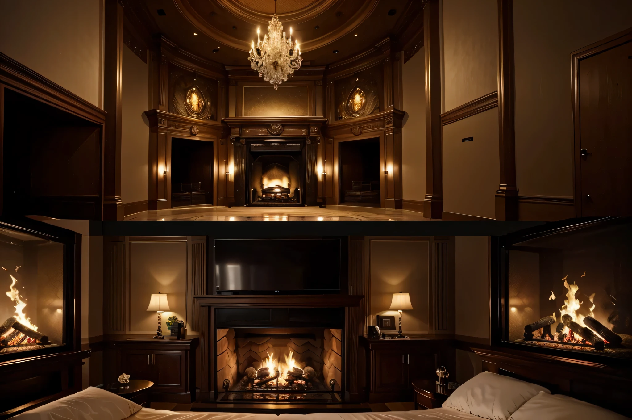 Design a luxurious room, a burning fireplace inside, a giant aquarium to the right, a bed in the room, a relaxing video, create all of these in a single frame in one room.