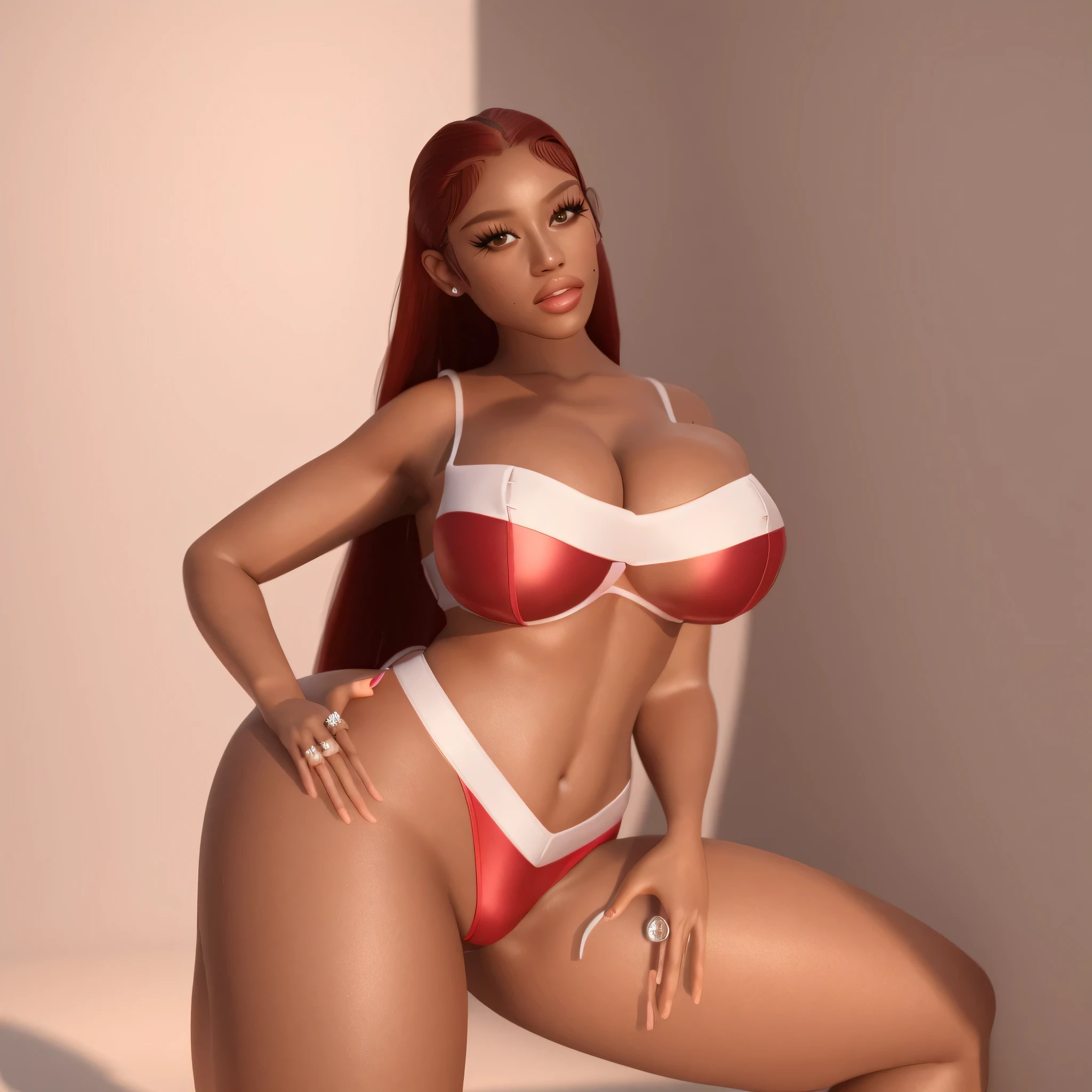 arafed woman in a red bikini posing for a picture, realistic shaded perfect body, photorealistic perfect body, red realistic 3 d render, epic 3 d oshun, in red background, thicc, hands behind her body pose!, 8 k uhd poser, doja cat, render of april, 3 / 4 pose, she has olive brown skin