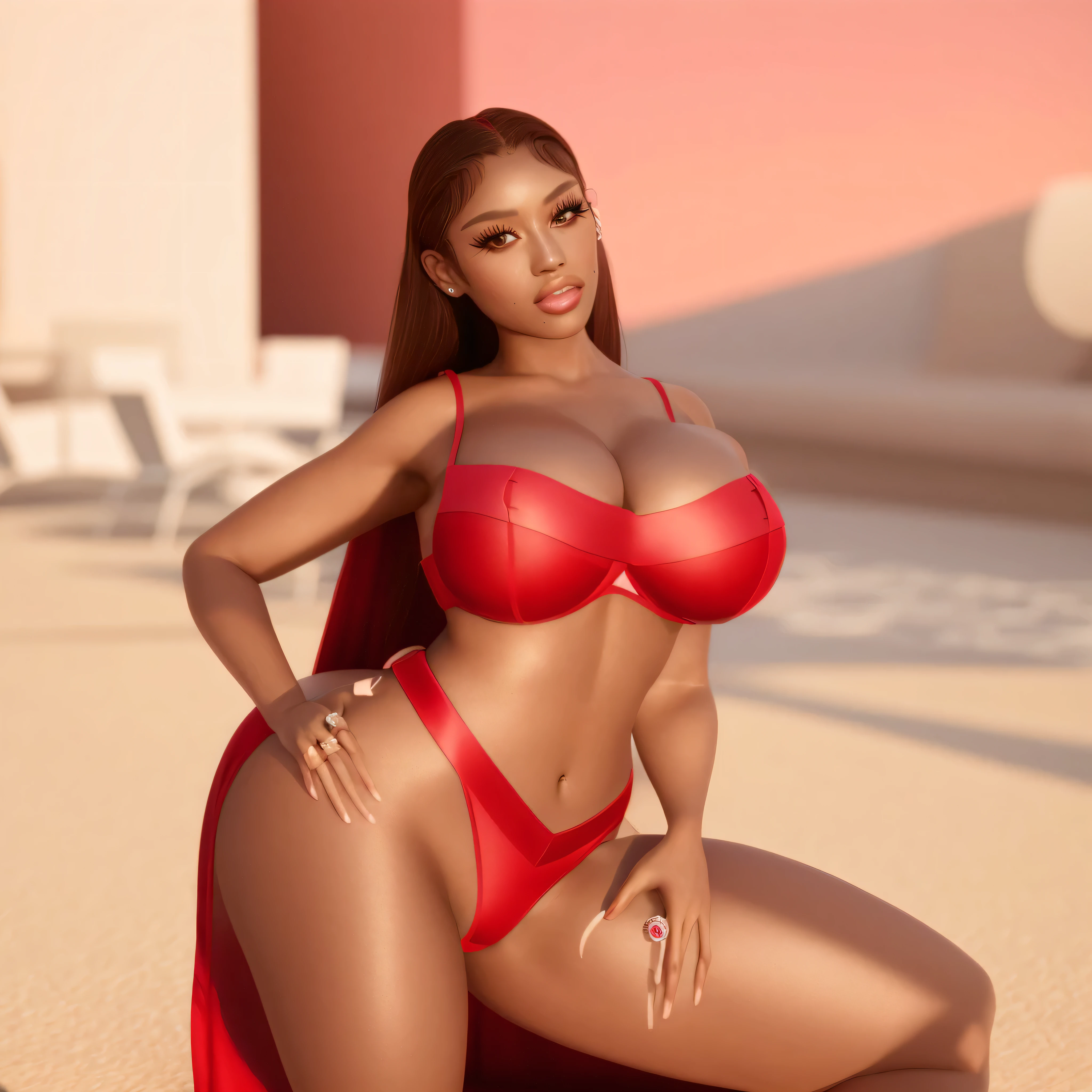 arafed woman in a red bikini posing for a picture, realistic shaded perfect body, photorealistic perfect body, red realistic 3 d render, epic 3 d oshun, in red background, thicc, hands behind her body pose!, 8 k uhd poser, doja cat, render of april, 3 / 4 pose, she has olive brown skin