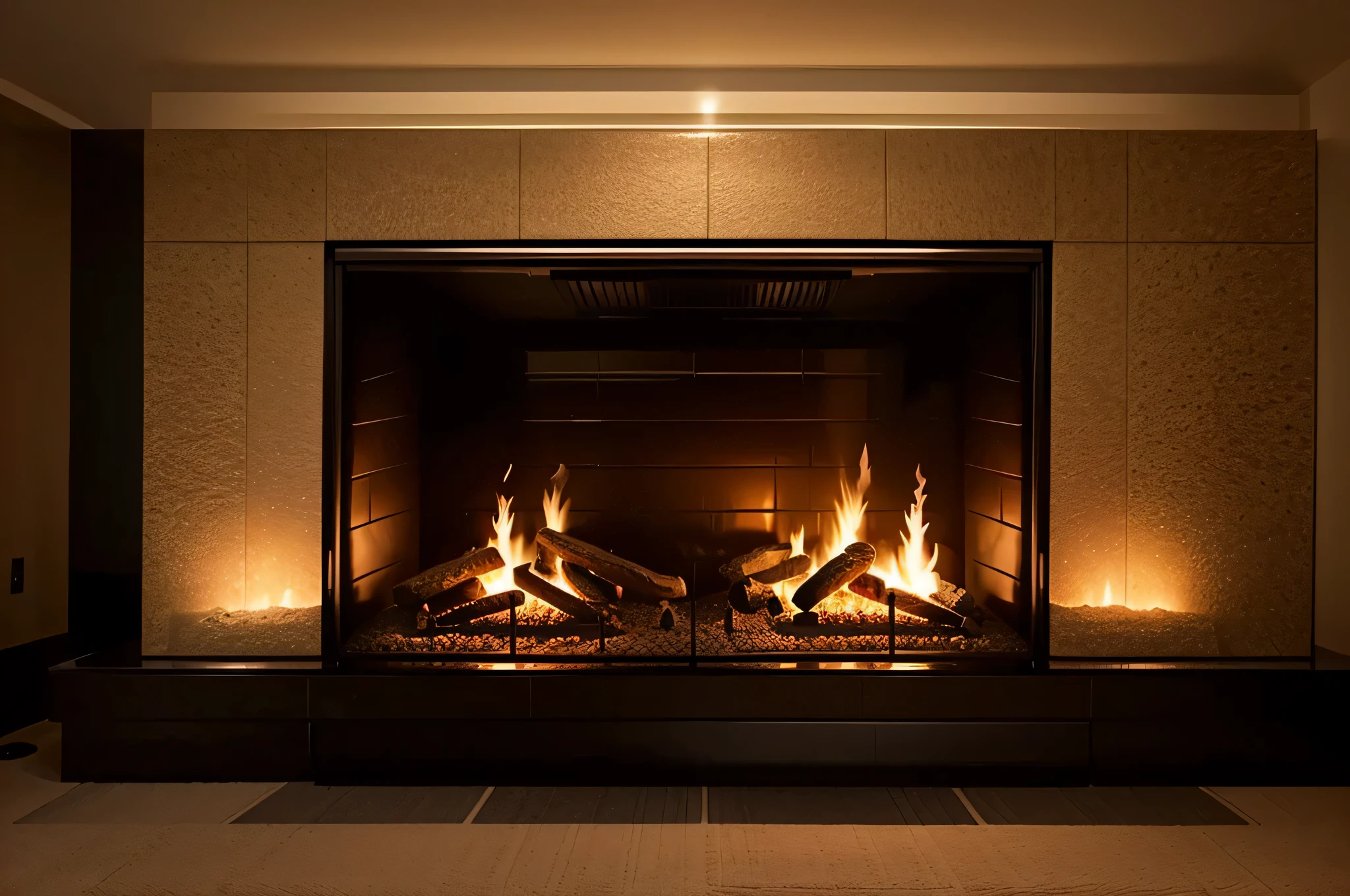 Design a luxurious room, a burning fireplace inside, a giant aquarium to the right, a bed in the room, a relaxing video, create all of these in a single frame in one room.