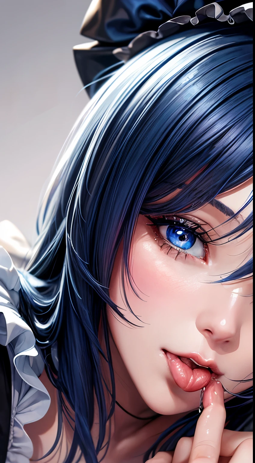 Woman, 30 years, adult, sexy maid black white clothes, nigth, soft ligth, licking lips, saliva, face detail, from above, fingers--style realistic-imagine -