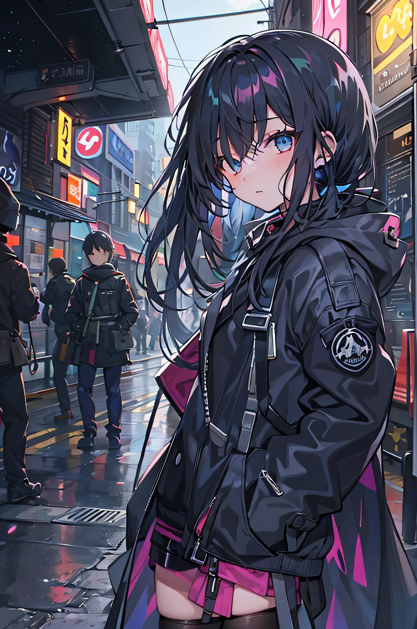 1 girl，black pantyhose，Stardust Eye，Black parka，black belt，meteor shower，night，dark blue hair，side ponytail，Black knee-high boots，Hair blown by the wind，hair covering one eye，waiting to start，back to the camera，looking back