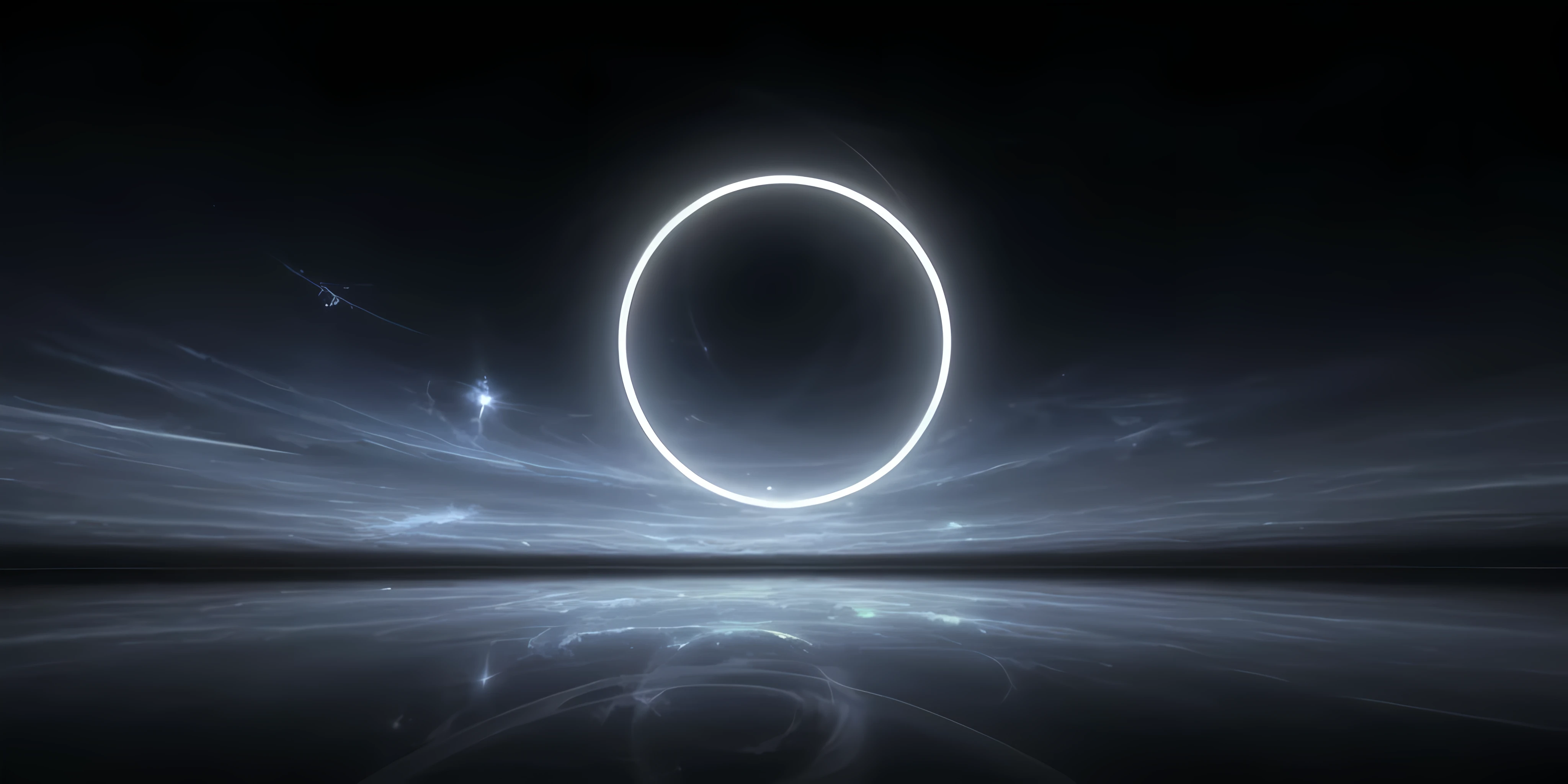 a dark room，There is light in the middle, Glowing black hole portal, Glowing aura, white glow, Fractal Burning Aura, interstellar infinity portal, aperture, glowing halo, a glowing halo, ring, Abstract black holes in space, majestic interstellar portal, Perfect circle, photoperiod, white solar eclipse, ringed planet in the sky