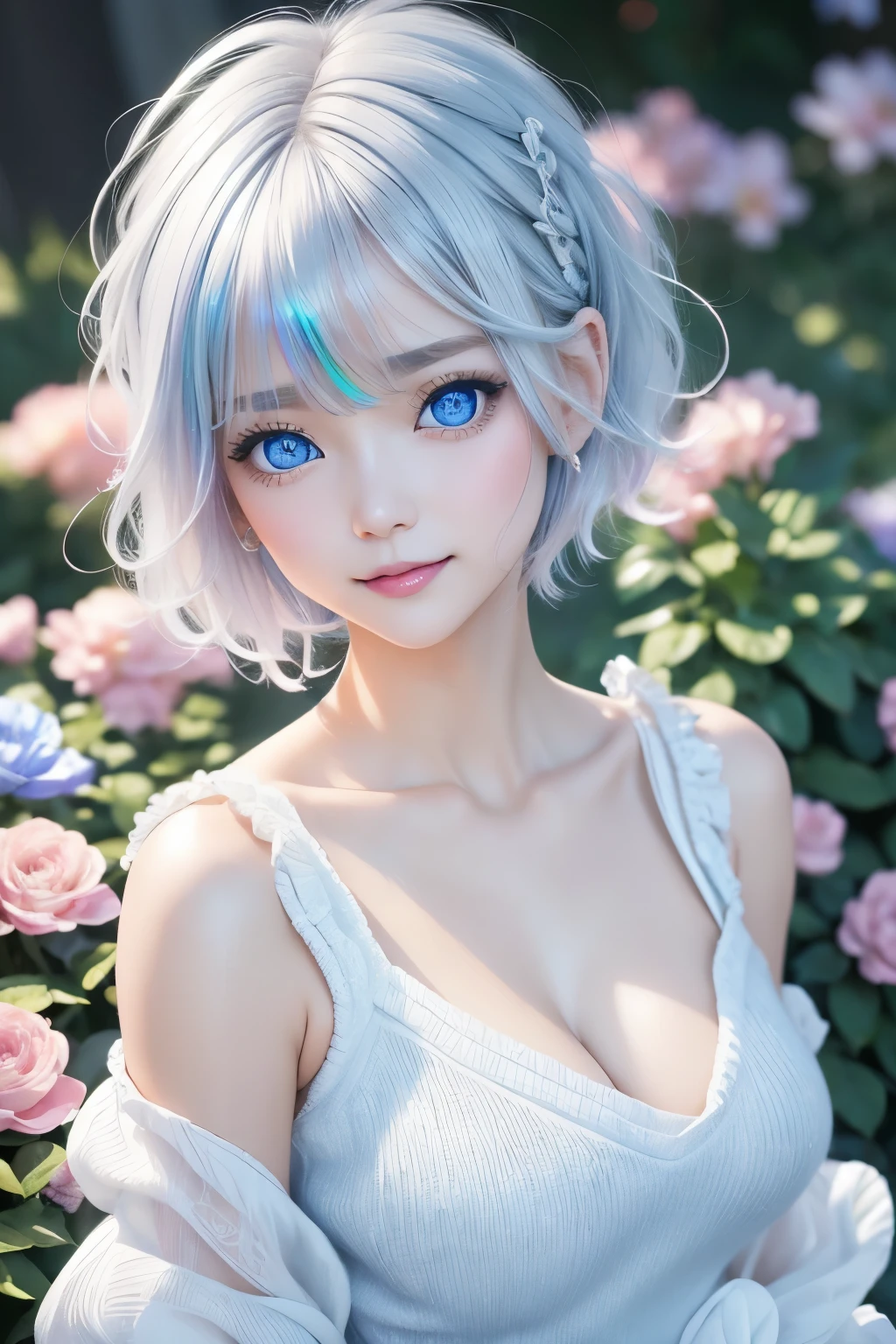 best quality, 32k, RAW photo, incredibly absurdres, extremely detailed, delicate texture, platinum-silver messy pixie cut hair, side braided, beautiful woman, shining blue big eyes, amorous and lewd expression, happy, shy, wearing iridescent white-based loose cute girly knit fashion, superlative body proportion, background lush garden with falling petals, iridescent pastel colour, wind