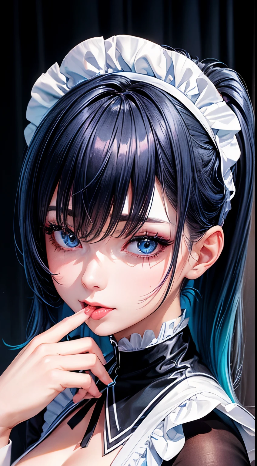 Woman, 30 years, adult, gradient blue hair, sexy maid black white clothes, nigth, soft ligth, licking lips, saliva, face detail, close-up, fingers --style realistic-imagine -