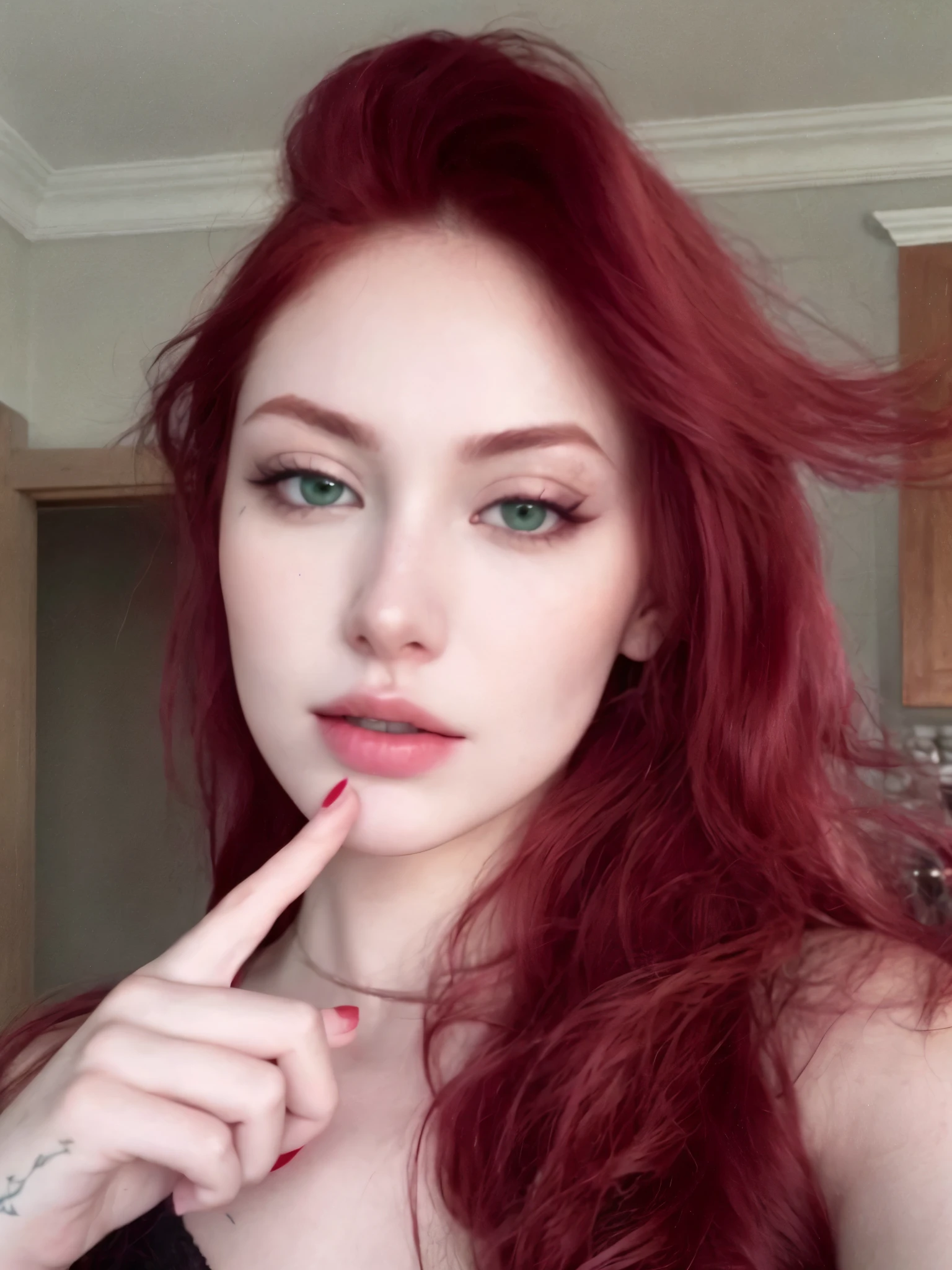 a close up of a woman with long red hair and a necklace, with dark reddish hair, amouranth, with red hair and green eyes, 18 years old, sexy girl with green eyes, she has red hair, better known as amouranth, with red hair, with long hair and piercing eyes, crimson red hair and red eyes, belle delphine