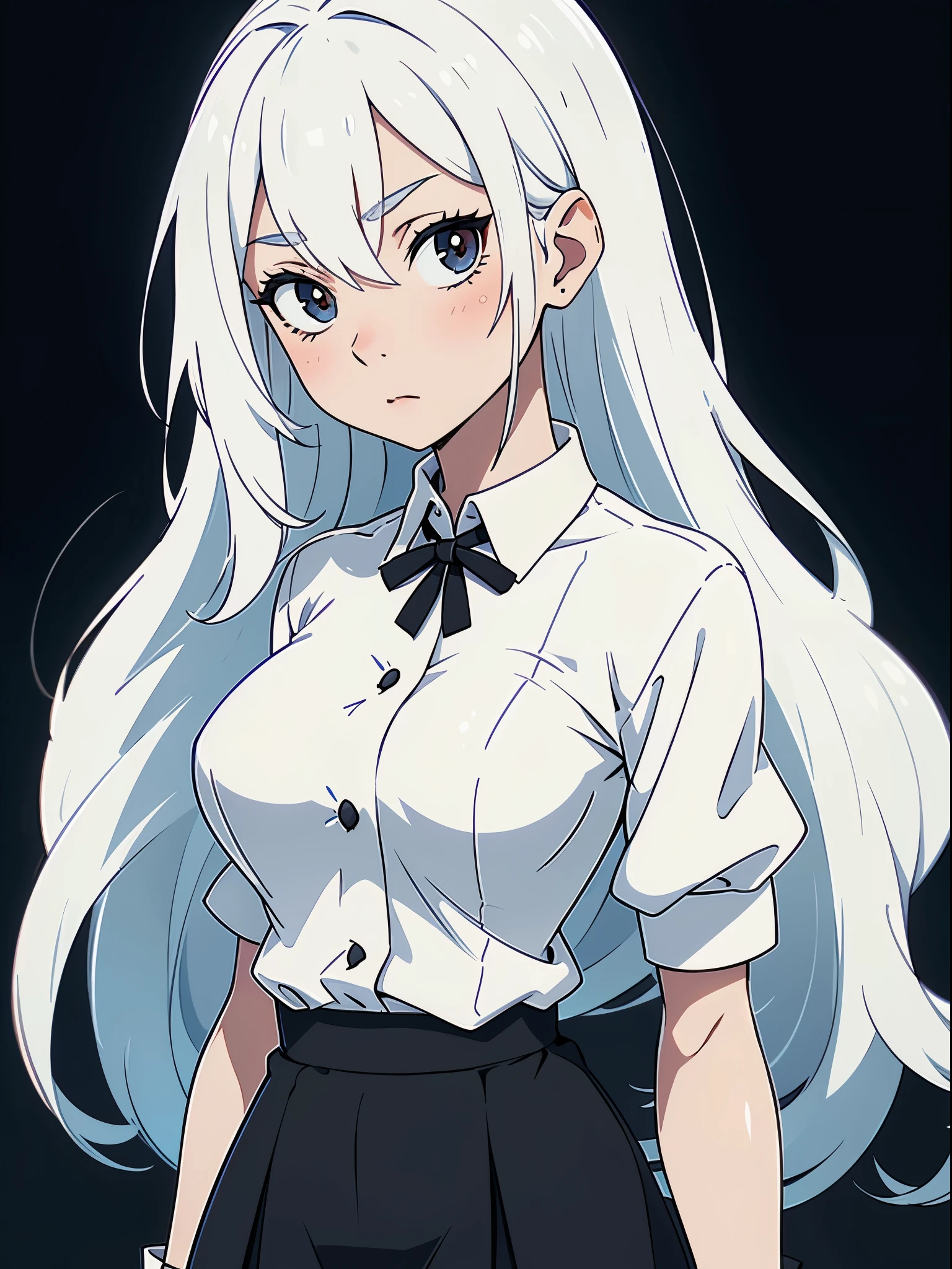 ((White hair)),((Head and Shoulders Image)),(super-long hair),Sexy,A person,Alone,Simple style,pancake ,Simple details,Black background,Empty background,Black background wall,(20 year old woman),(Droopy hair),(White Gloves),Puffy skirt,(Lace Shirt),Lace,((Shy))