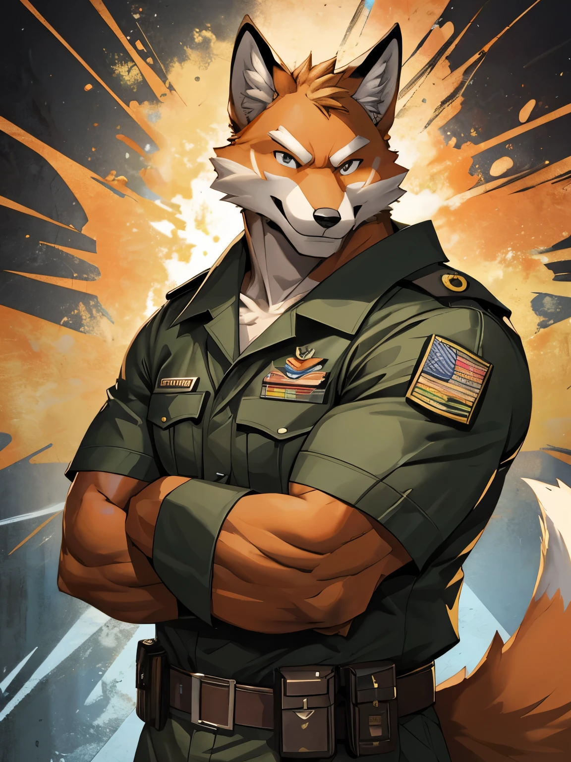 Fox, good looking, male, anthro, military uniform, military pose, ultradetailed, smiling, muscular, solo, bareness, rippling muscles, muscles, serious, looking at viewer, radical background, abstract background,