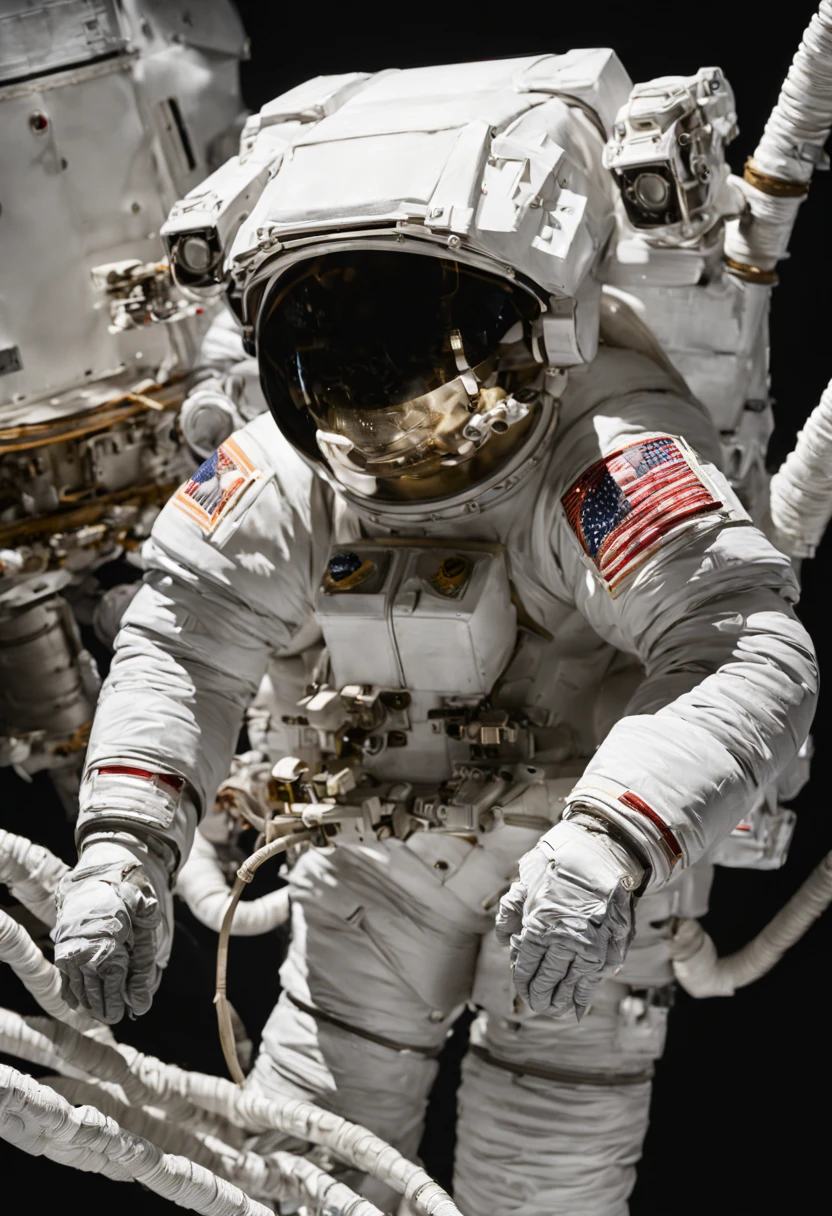 A spacewalking figure,