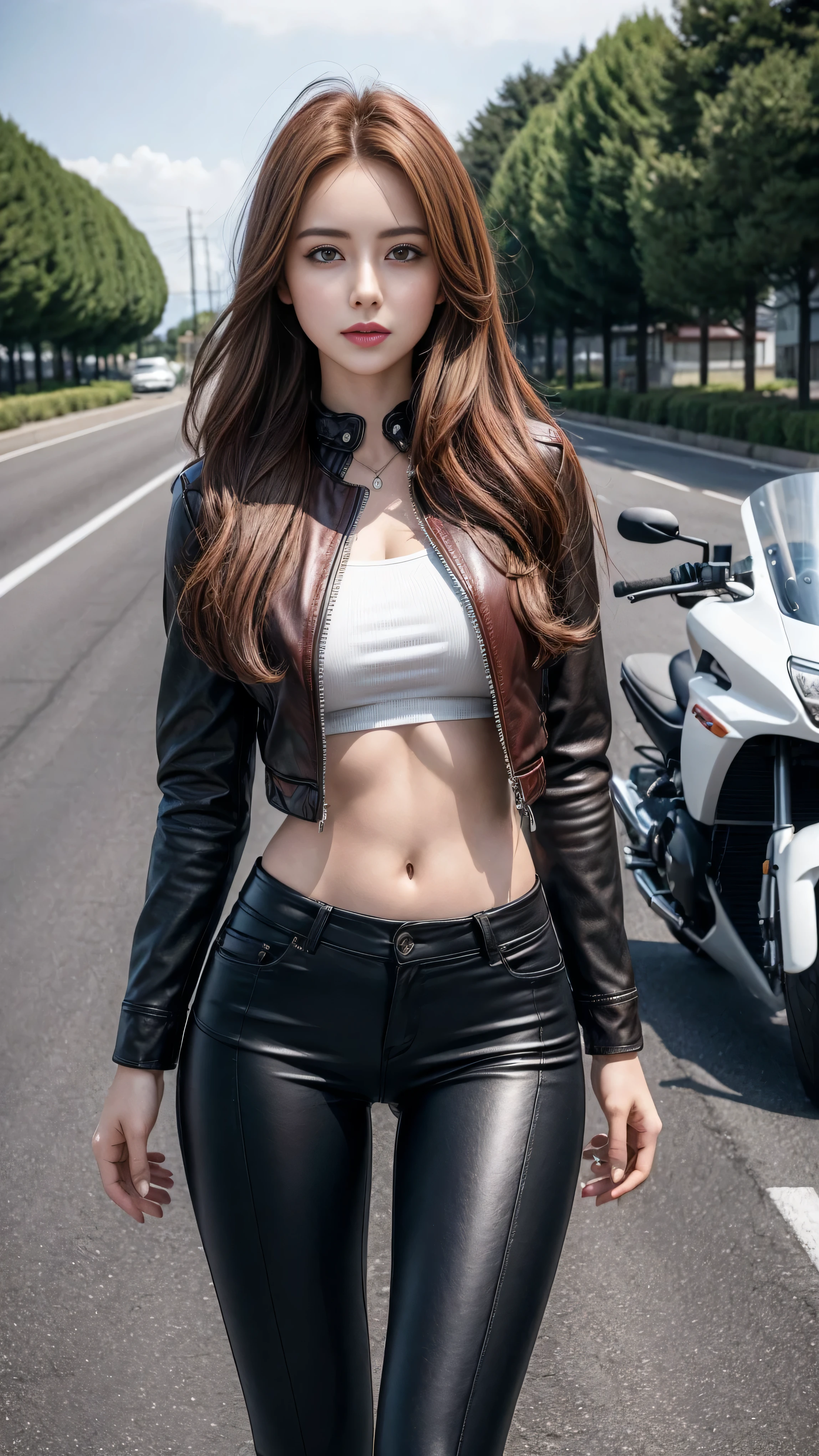 Woman riding classic bicycle, beautiful woman，long red hair, Full scene shooting, best quality, sunset, prairie road, blow dry,look up to the sky， beautiful woman, exterior, dark red hair, 自然landscape, rot，leather jacket, Navel ejection, leggings， Sexy long legs, (thigh gap: 1.5),(Hips raised, wide hips),  Highly detailed facial and skin textures, delicate eyes, double eyelids,whole body, 20-year-old female model, octane rendering,Two-tone lighting,Large aperture,Low ISO,white balance, Ride a classic motorcycle, landscape