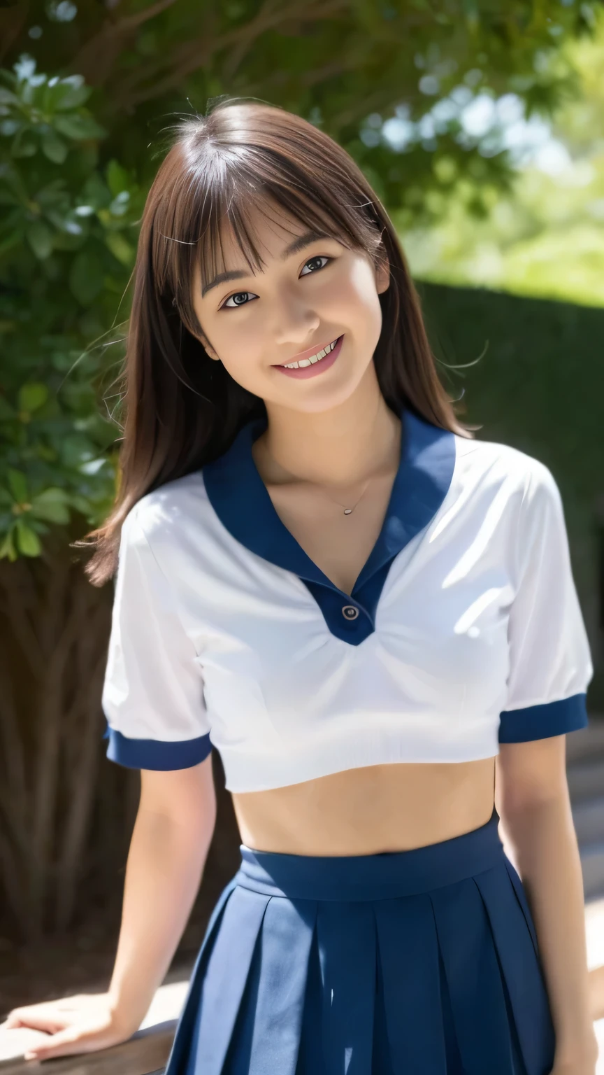  One Girl:1.5,Fair skin,Shyness,high 、Sexy pose、Highest quality, shape, Very detailed, finely, High resolution, 8k wallpaper, Beautiful and exquisite,  Natural Lip, whole body,bangs、University garden、(volleyball　uniform),Brown Hair、(Thighs)、The correct five fingers、Looking into the camera, (ample bosom),