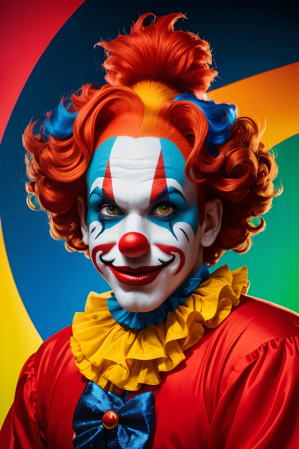 Photo of a clown with a fully painted face, Red wig, oversized red nose, broad smile
((Portrait)), ((Detailed face:1.2)), ((detailed facial features)),
finely detailed paint on the face, exaggerated features,
vibrant and rich colors, realistic textures,
Canon EOS R6, 35mm Lens, F/1.4, nffsw,
(4K) (Wallpaper) (Realistic) (Dramatic Lighting) (vivid colors)
Payaso, Clown, Caricature, Comical, Expressive, Colorful, Cartoonish, Playful, Festive, Fun,