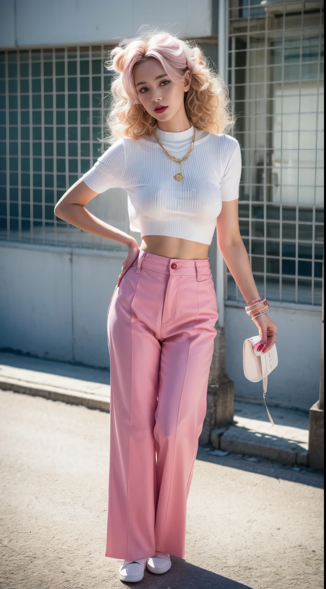 y2k fashion, Vibrant 2000 scene, y2k style, nostalgic atmosphere, energetic 2000 floor:0.2000s girl image 2, Immerse yourself in the vibrant atmosphere of a retro case. His outfit reflects the fashion trends of the times, Soft Pattern. The retro scene is alive and well, retro floor, Create a retro atmosphere according to the rhythm of bait. The atmosphere brings viewers back to vibrant and energetic, Capture the spirit of fun, free, Self-expression defined culture in 2000, blonde curly hair, mid shot, image centered, ultra detail, Very much more on the face, Very eye detail, Pale skin of a girl, small breasts, white skirt, white pants, white jeans, pink skirt, pink pants, Pink Jeans, white crop top, Pink crop top, Cute headband, Half body, Half body, Half body, close