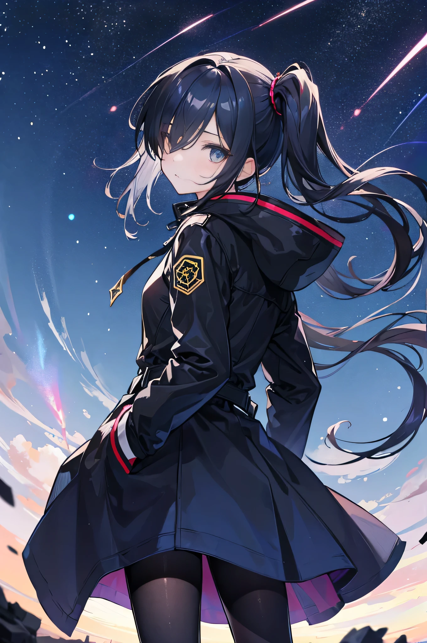 1 girl,black pantyhose,Stardust Eye,Black parka,black belt,meteor shower,night,dark blue hair,side ponytail,Black knee-high boots,Hair messed up by the wind,hair covering one eye,waiting to start,Turn your back to the camera,look back