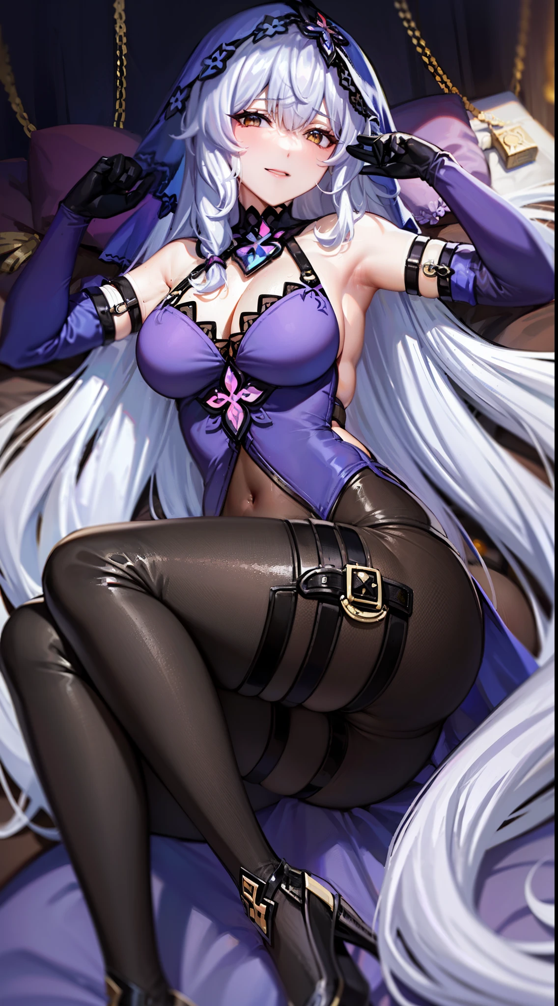 black swan, hair between eyes, long hair, (yellow eyes:1.1),evil smile,very long hair, white hair,arm belt, bare shoulders, cleavage,((covered navel)), dress, elbow gloves, gloves, veil,legs focus