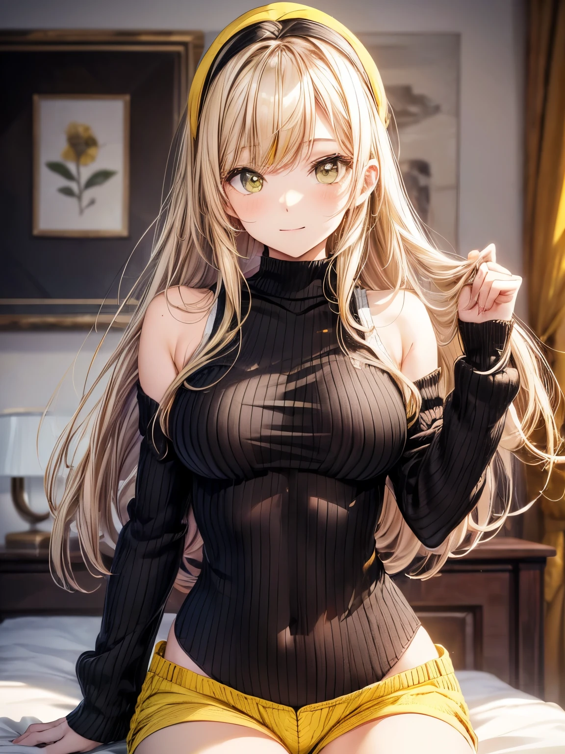 highest quality、All limbs、full finger、((one beautiful woman))、Beautiful busty woman、(((straight hair woman:1.3)))、long hair、((Women with blonde hair)))、big smile、(((Black knitted leotard:1.3)))、(((yellow super shorts:1.5)))、Bedroom、sit on the bed