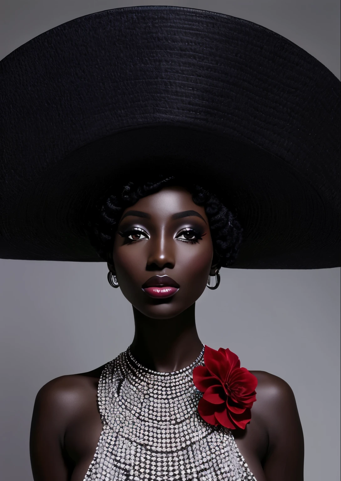 arafed woman with a large black hat and a red flower, adut akech, black african princess, afro futuristic, black haute couture, afrofuturism style, dark skin female goddess of love, afrofuturistic, african queen, portrait of a dark goddess, portrait of black mermaid, black woman, stunning african princess, by Lily Delissa Joseph, dark skin