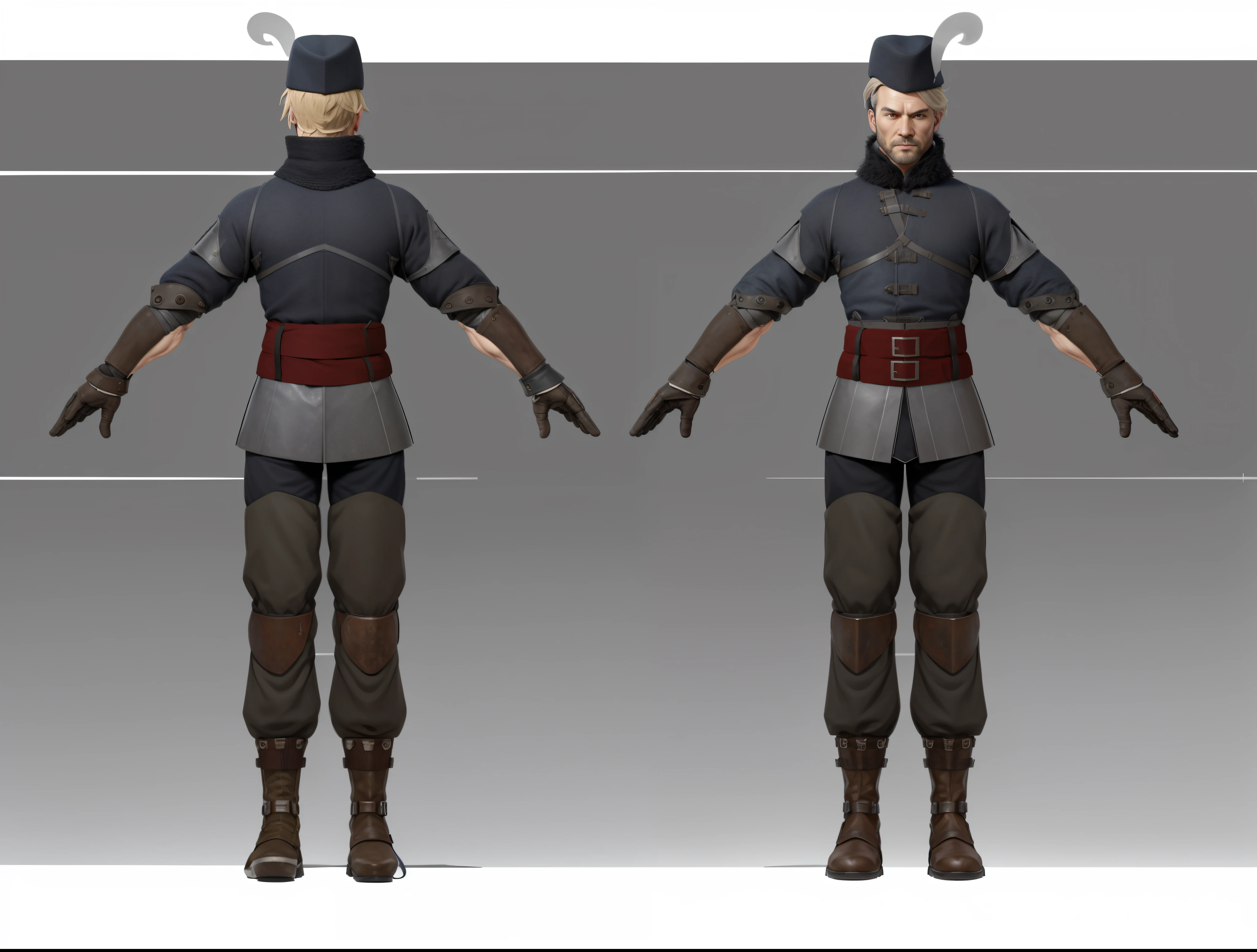 ( Realistic:1.33),(masterpiece:1.1),(highest quality:1.1),(HDR:1) a close up of a man with soldier soviet army hat , full body concept, detailed full body concept, military style character, full body character concept, new costume concept design, full body details, detailed full body concept art, full character body, character model sheet turnaround, fullbody shot turnaround, concept character sheet, full body concept art, reference model sheet , full body concept art, soldier soviet style character, game character design, concept character, full body character concept art, 3d character reference sheet, male, video game character concept, detailed character design, character sheet, character model sheet turnaround , front and back, front and back, Russian army cloth, dark costume, medieval Gambeson, (gambeson glove and leg armor), gambeson sleeve, black leather belt, blue Shoulder veil, grey clean background, 3D character